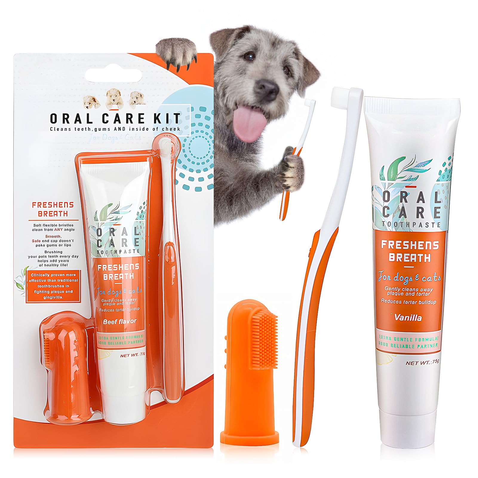 Cepillo y Pasta de Dientes para Perros, Pasta dientes Perro, pasta para perros, pasta de Dientesmperro, Sabor a Carne, Protege la Salud Bucal de Tu Mascota, Apto para perros o Gatos, 3 Piezas