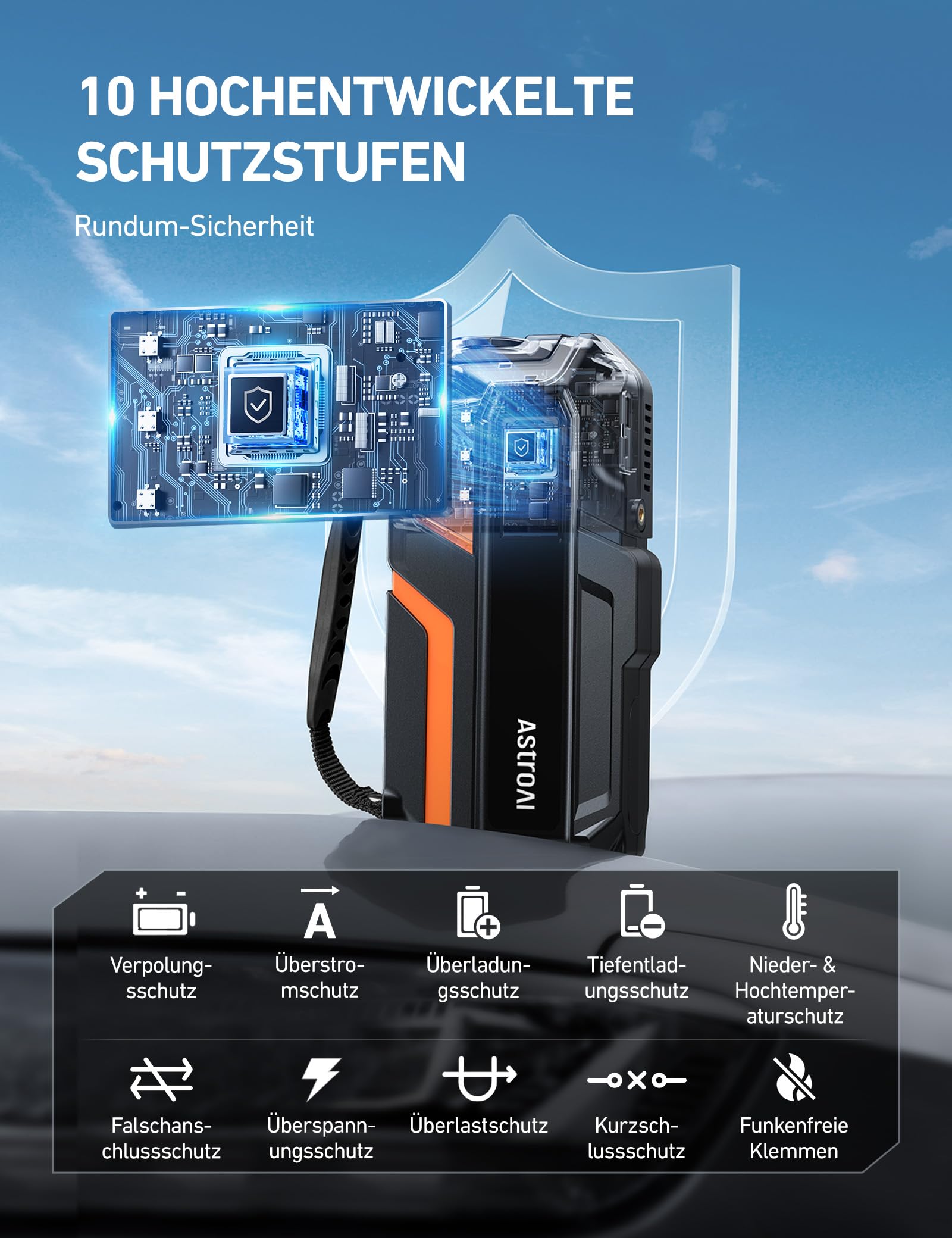 AstroAI Auto Starthilfe Powerbank für pkw mit 150PSI Kompressor, 8000A Starter Powerbank für 10 L Benzin / 8 L Diesel,für 12 V Autos, Motorräder, SUVs, Booster Auto Starthilfe mit LED-Display, Orange