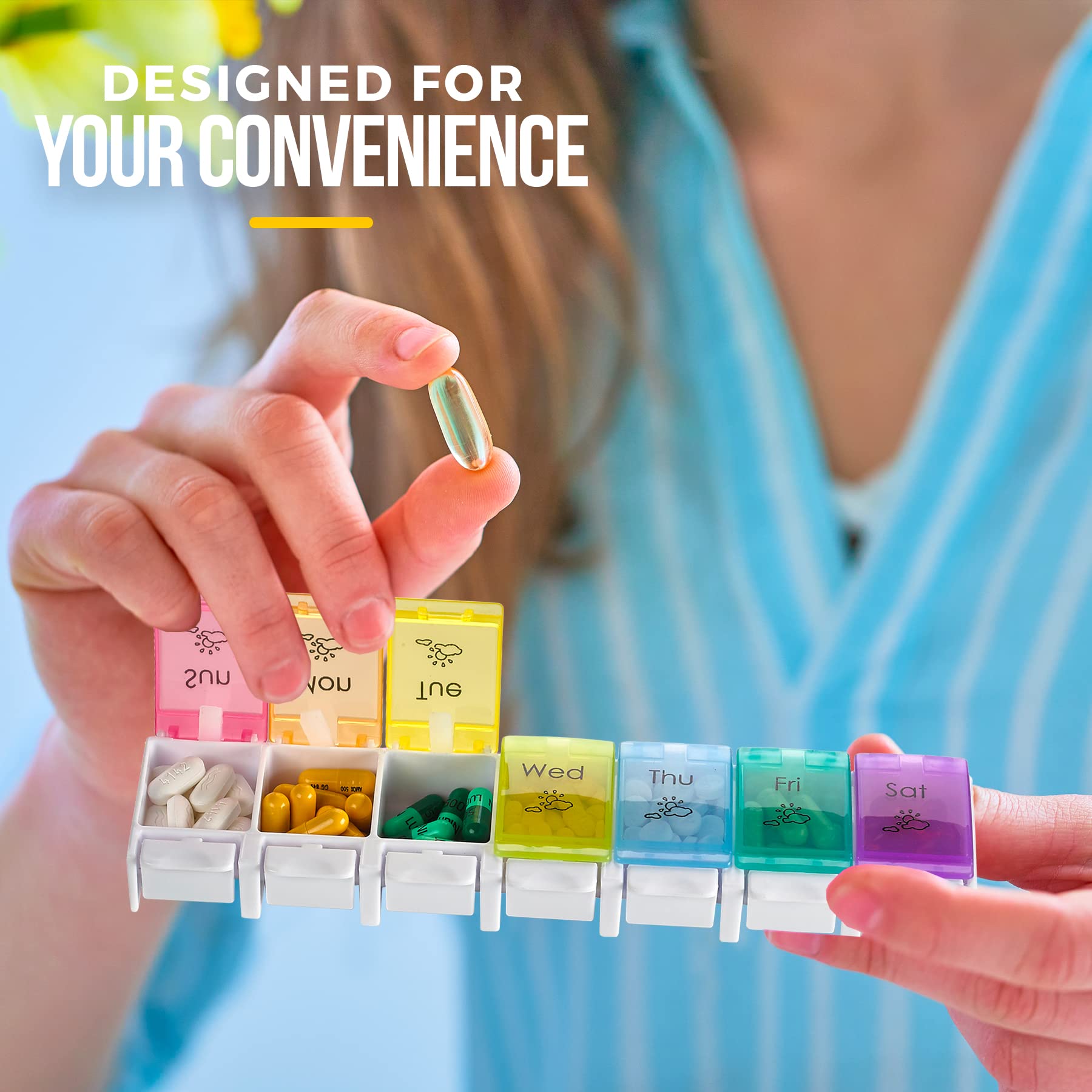 Organizer per pillole 7 giorni AM PM - con Apertura Assistita a Spinta un portapillole da viaggio giornaliero e grandi scomparti per farmaci vitamine vitamine olio di pesce e integratori, BPA Free