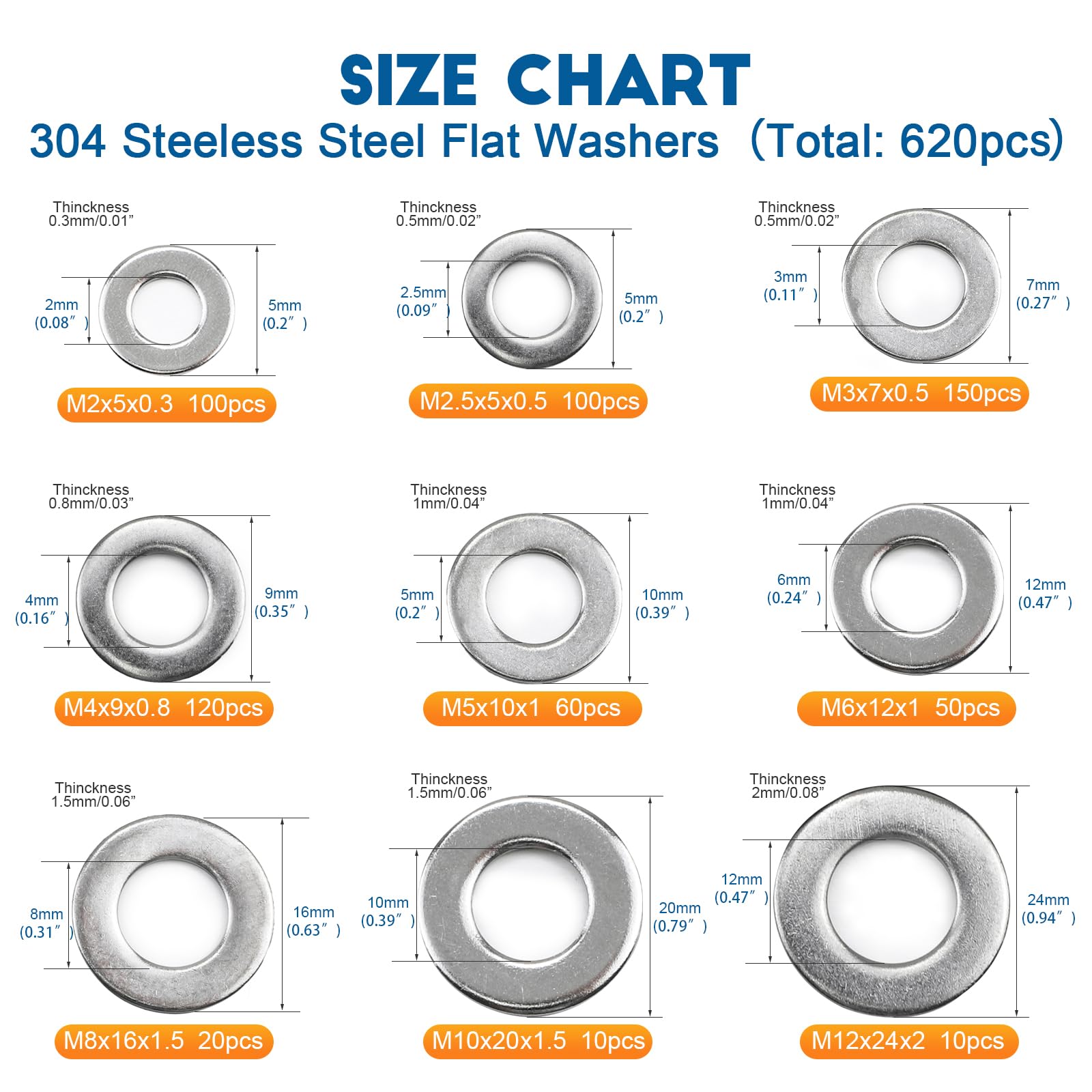 NINDEJIN 620Pcs Assorted Washers for Screws 304 Stainless Steel Flat Washer for Bolt 9 Sizes Metric Washers Metal Washer Assortment Kit - Image 2
