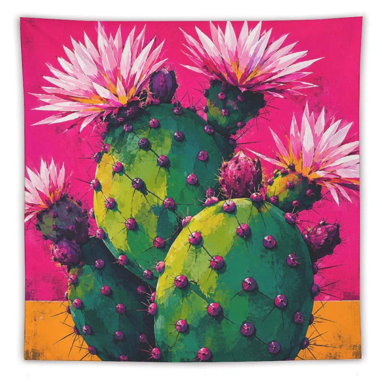 W7C8U2X3 Pink Cactus Flowers Wall Tapestry, Color Block Line Art Style