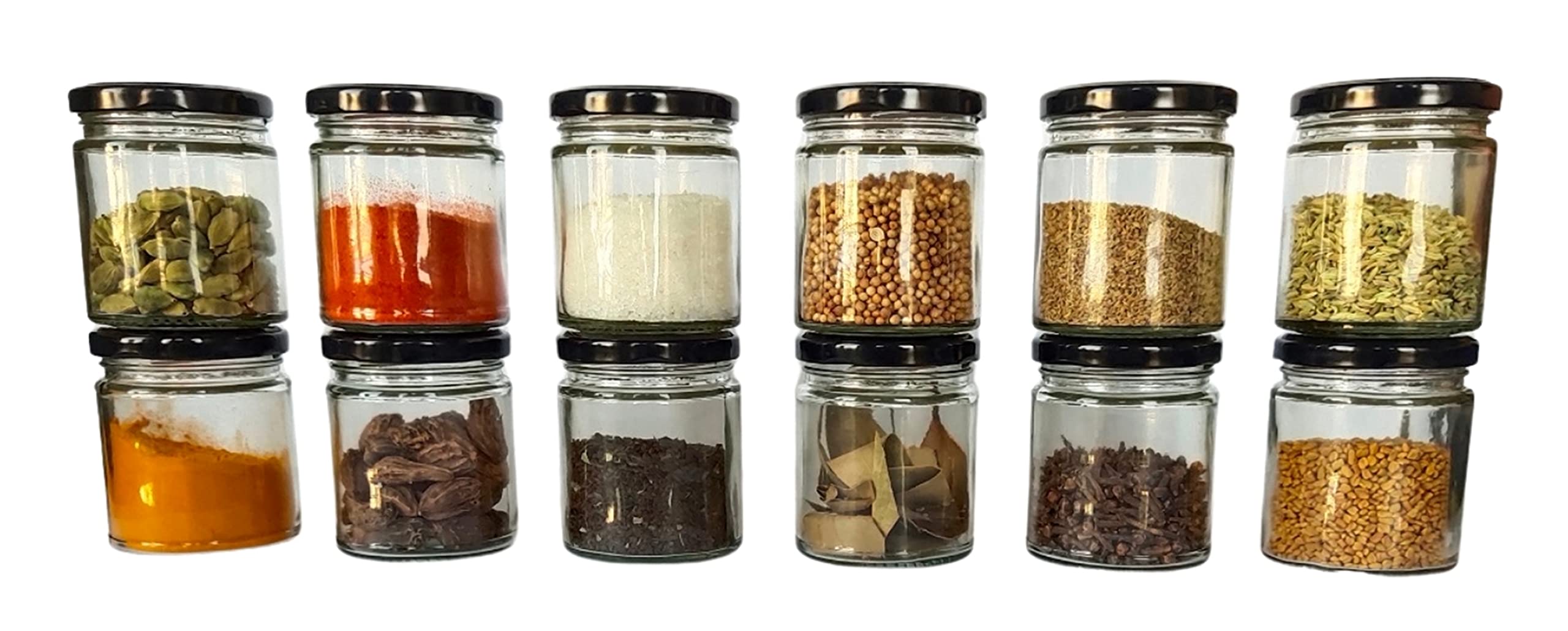 Feliz Set of 12 Multipurpose Glass Mason Jars Capacity 200 ml with Black Metal Cap