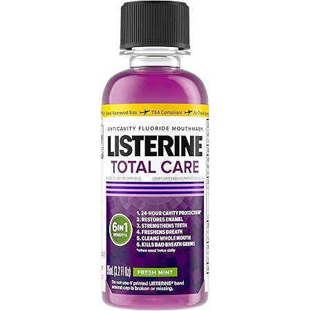 Listerine Total Care Anticavity Fluoride Mouthwash, 6 Benefit Oral Rinse Kills 99% of Bad Breath Germs, Prevents Cavities, Strengthens Enamel, ADA-Accepted, Fresh Mint, Travel Size, 95 mL