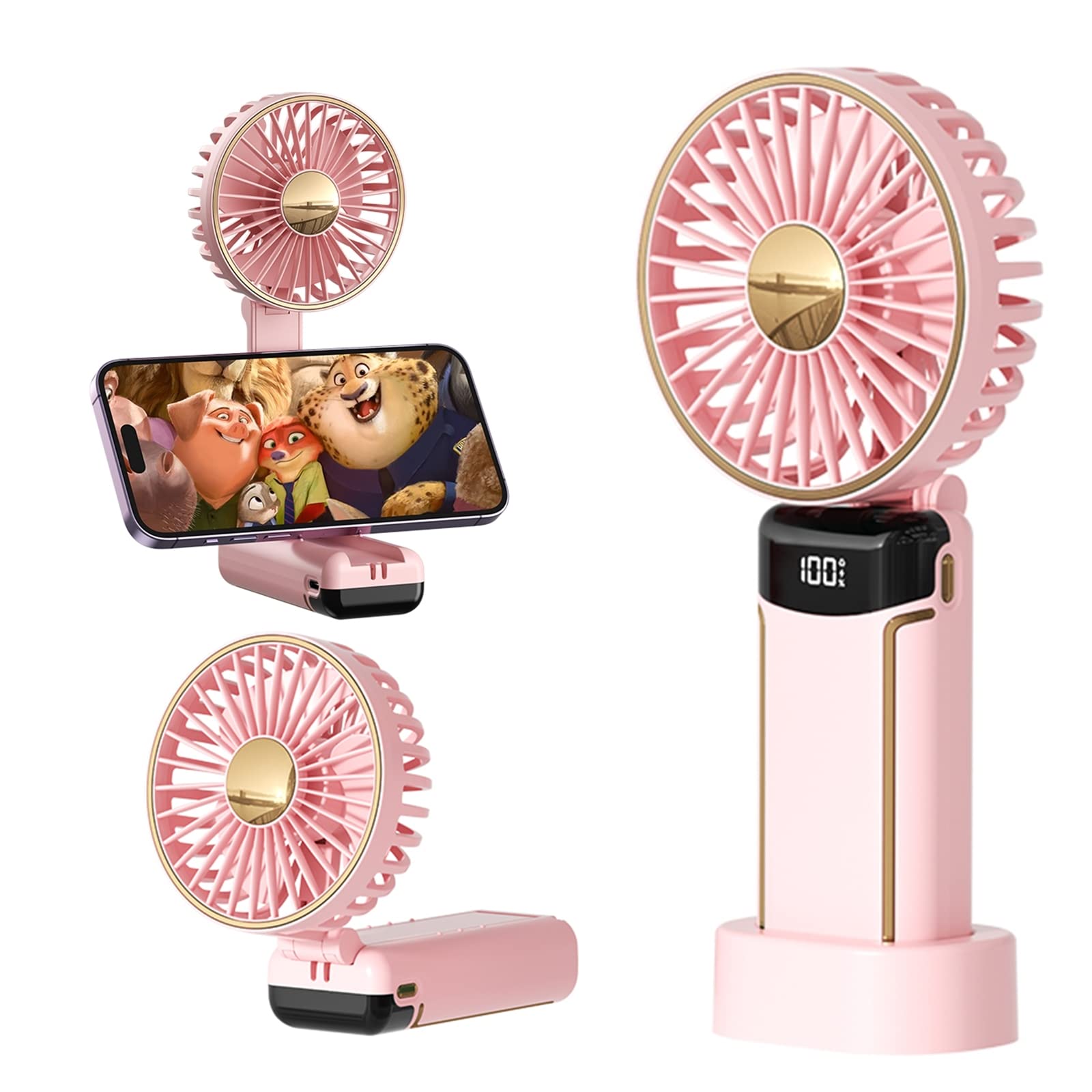 MTSXDYTPortable Handheld Fan Hanging Neck Fan，Foldable Personal Fan Desk Fan with Lanyard and Digital Display，USB Rechargeable 5000mAh 5 Wind Speed Mini Neck Fan for Indoor Outdoor (Pink)