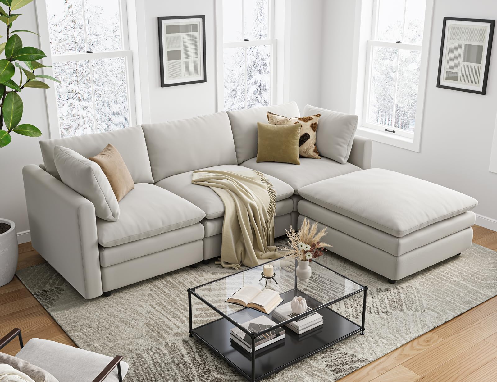 Txtin's Cloud Couches for Living Room L Shaped Sectional Couch with Ottoman Deep Plush 4 Seats Sofa Modern Sofa for Apartment Light Grey