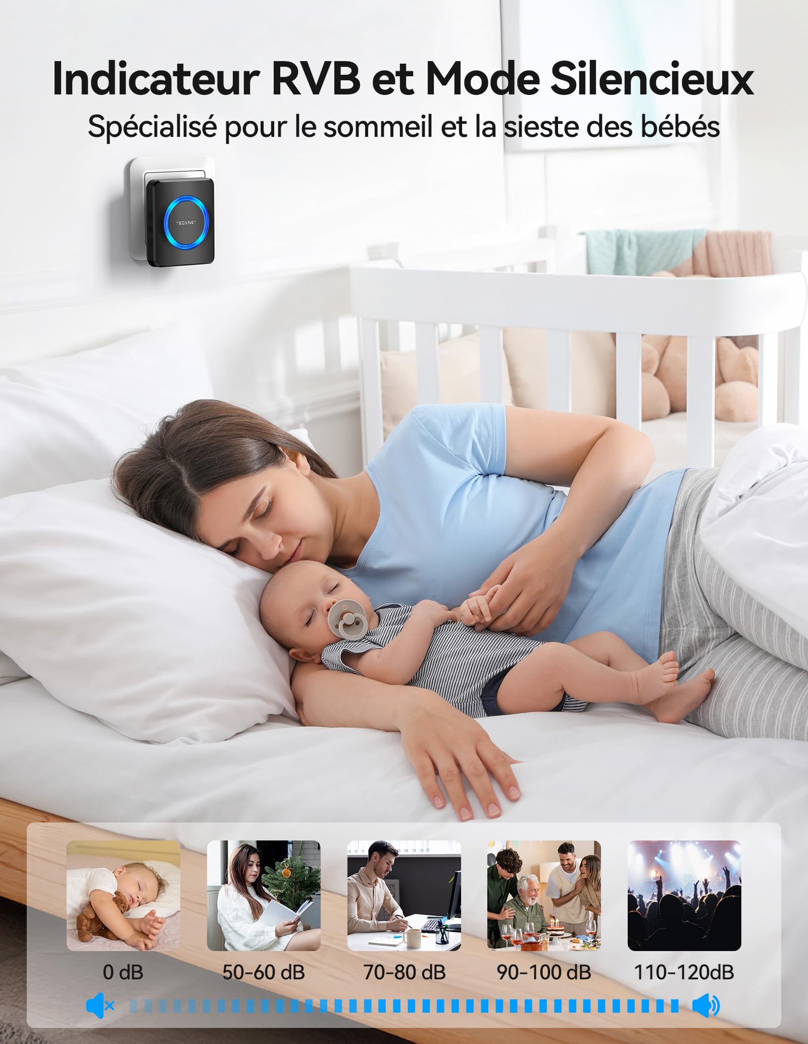 TECKNET Sonnette sans Fil Exterieur Etanche, Sonnette sans Fil Portée 600m, Kit de Sonnette avec 1 Récepteur Enfichable et 2 émetteurs, Indicateur RVB, 60 Mélodies, 5 Niveaux de Volume