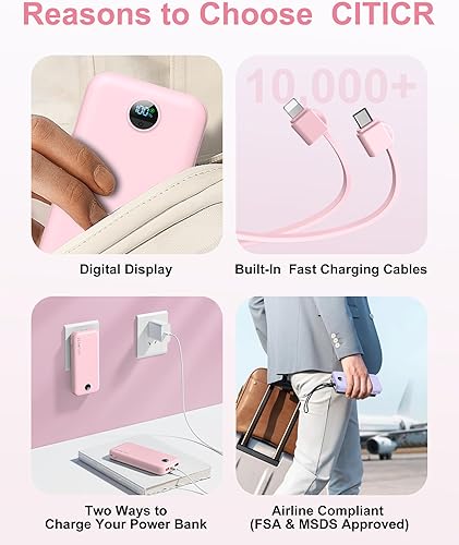 Miniatura 5 de Portable Charger, 12000mAh 22.5W Fast Charging Power Bank with Built-in Cables & Wall Plug, External Battery Pack with LED Display, Travel Rosa
