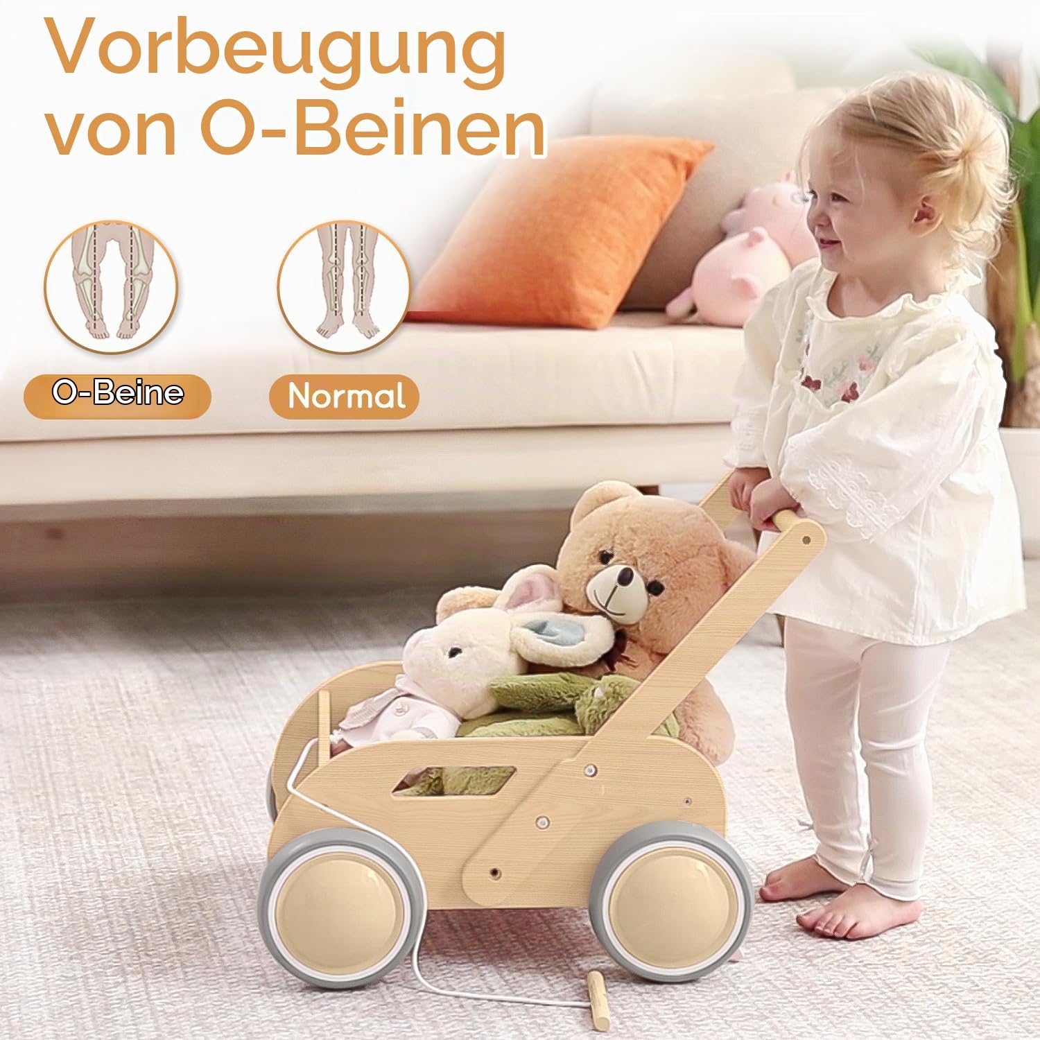 Lauflernwagen Holz, Baby Lauflernhilfe für Junge und Mädchen, Toddler Push & Pull Lauflernspielzeug, Kinderwagen aus Holz, Baby Walker mit Rädern, Geschenk für Geburtstag Weihnachten, Natürlich