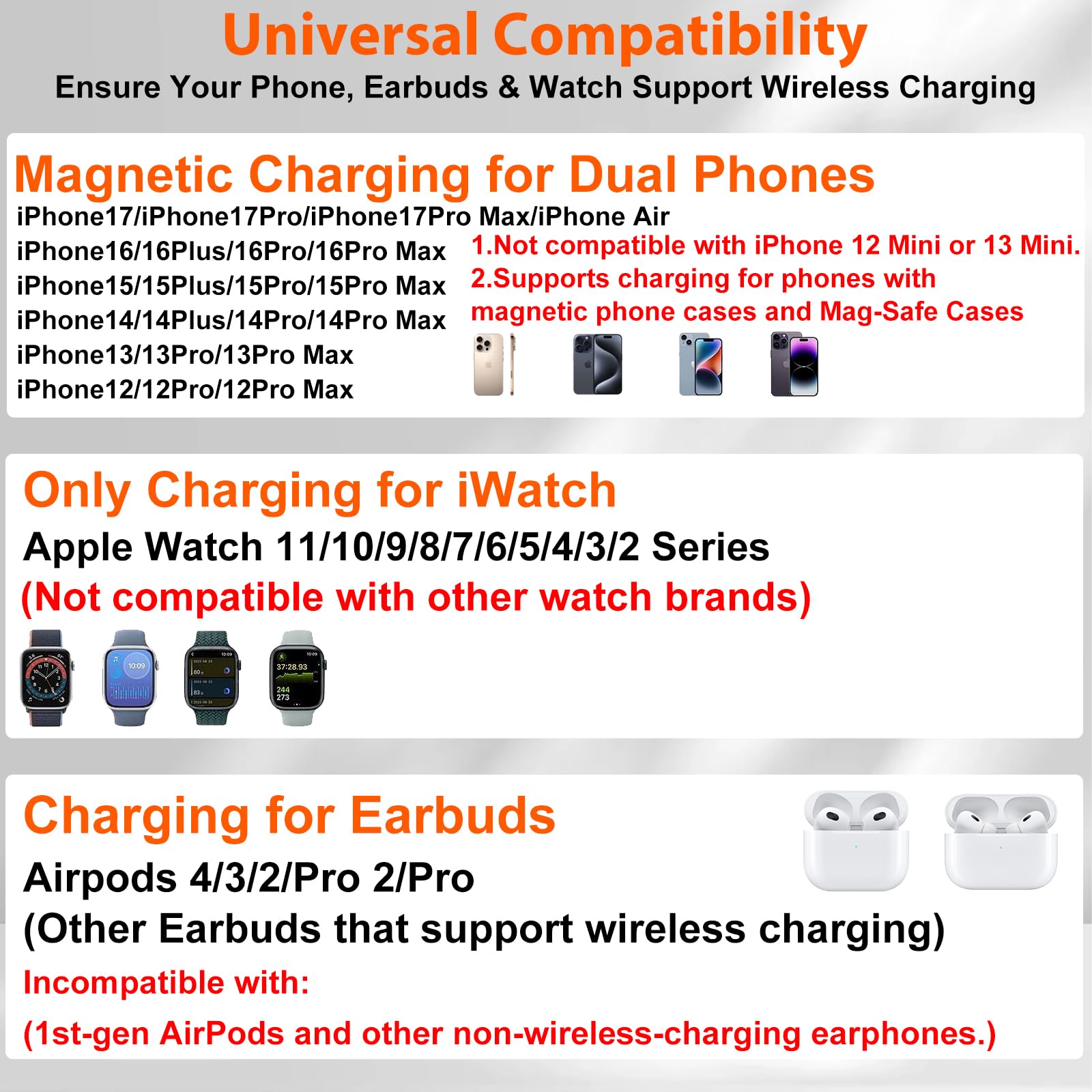 Station de charge magnétique sans fil double pour appareils Apple, éclairage automatique 7 couleurs et horloge 12 h, chargeur multi-appareils pour iPhone 17/16/15, pour iWatch 11/10/9 et