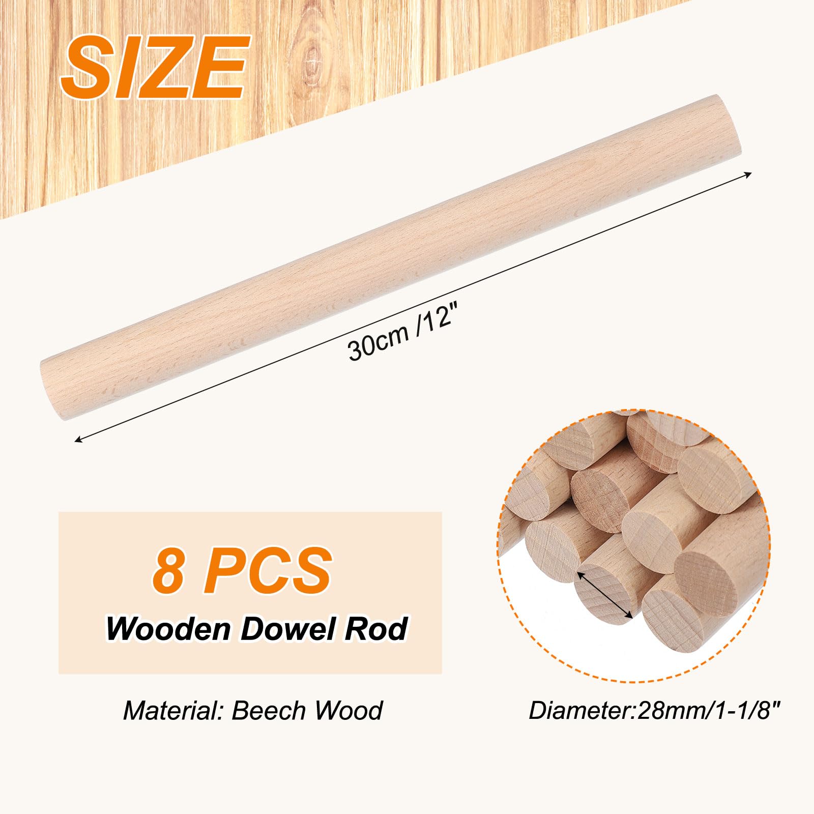 PATIKIL 1-1/8 x 12 Inch Wooden Dowel Rod - Image 2