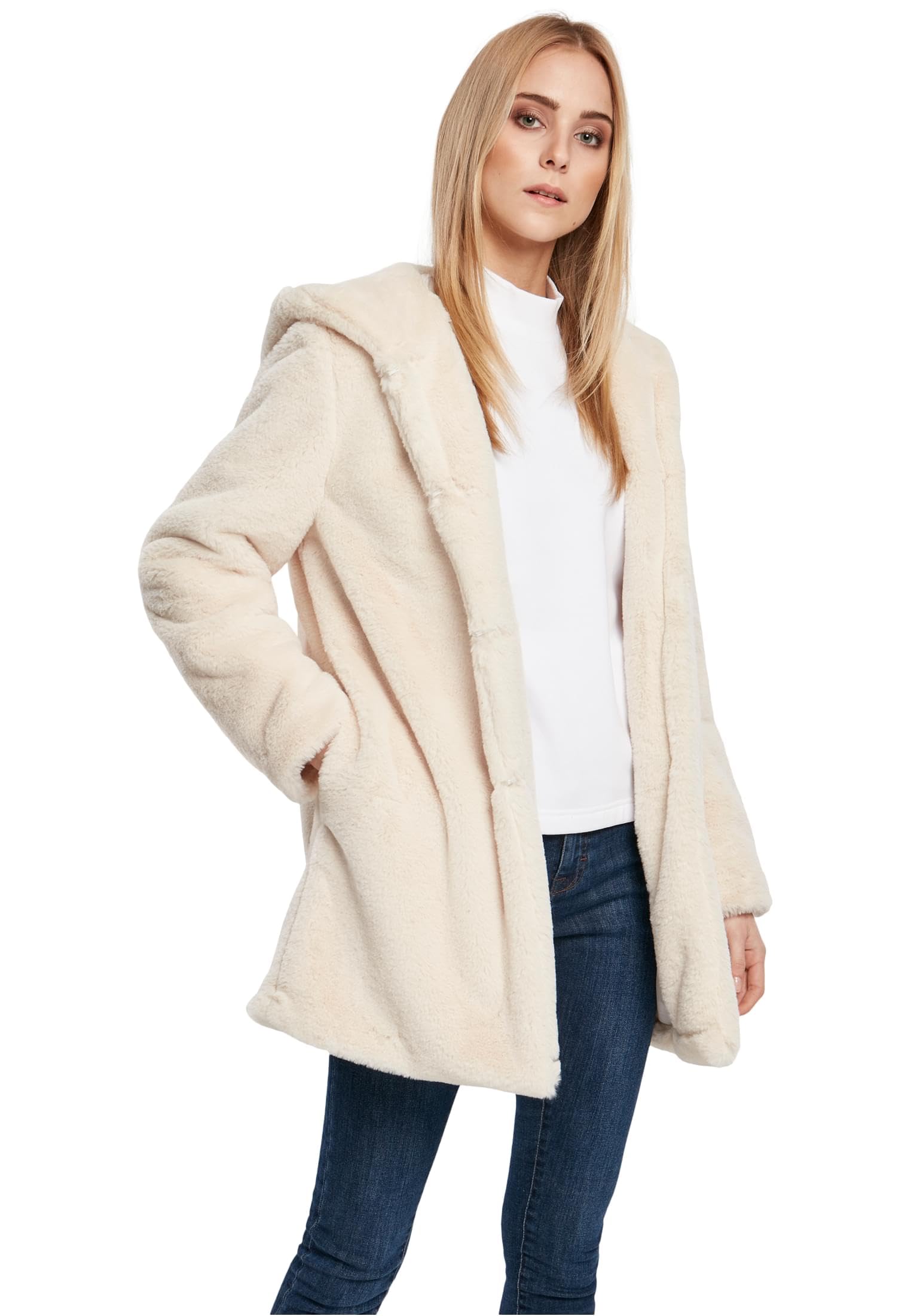 Urban Classics Women's Teddyjacke Plüsch Mantel aus Fleece-Ladies Hooded Teddy Coat Faux Fur, White, XL