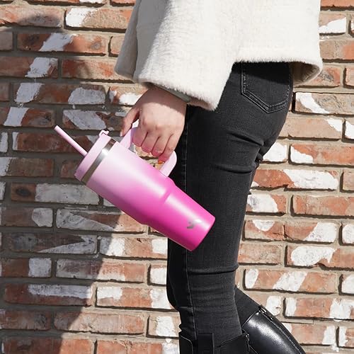 Miniatura 7 de Vaso de 40 fl oz con asa y 2 popotes, con tapa 2 en 1, botella de agua con aislamiento de acero inoxidable, taza de café y para viaje, color y