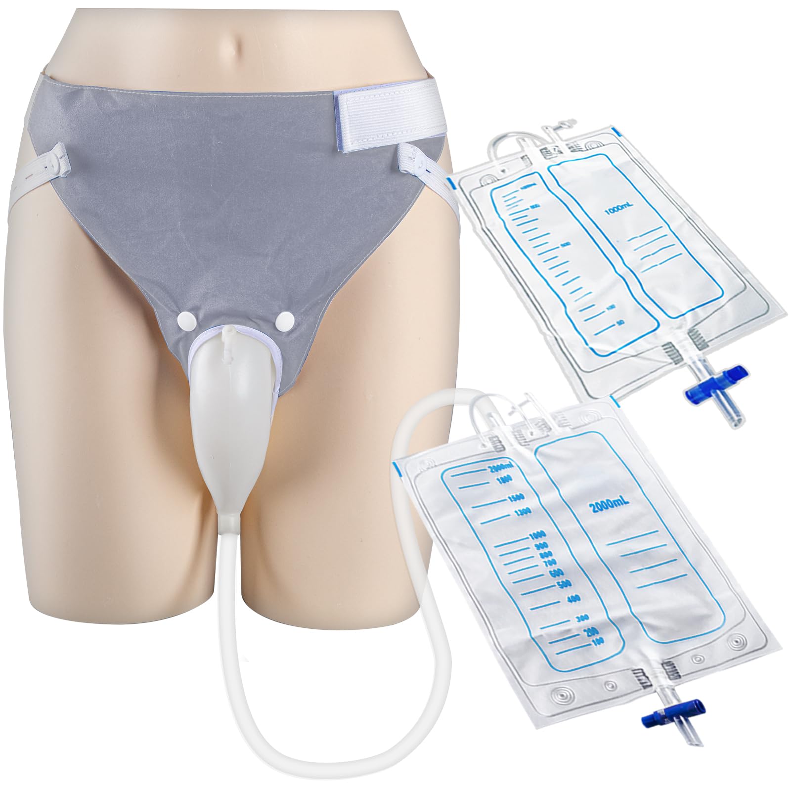 Wearable Urine Collector Set with Breathable Cotton Fixed Pants Reusable Silicone Urine Capsule 2 Urinary Drainage Bags 2000ml and 1000ml and 1.2M Flexible Tube for Daily Comfort (Elderly Men Grey)