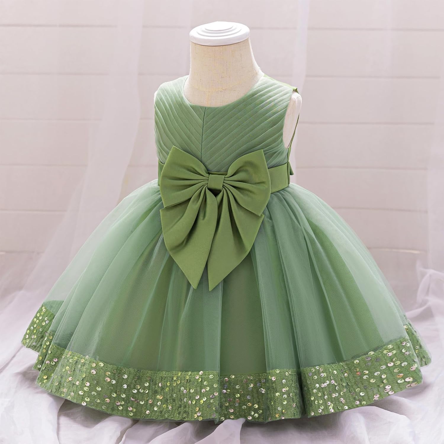 OBEEII Infant Baby Girls Pleated Bowknot Sequins Tulle Tutu Dress Toddler Formal Birthday Baptism Wedding Flower Girl Dress