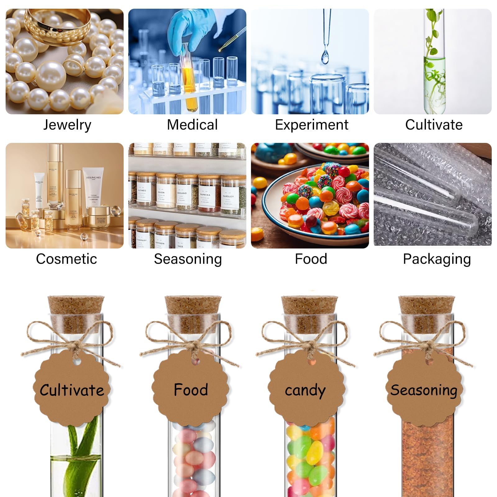 Zikenis 50 Pcs tubes à essai avec bouchon En plastique-Avec liège-150x16mm | Avec 50 étiquettes en papier kraft + 50 cordes de chanvre + 2 entonnoirs + 50 étiquettes - Pour décoration de