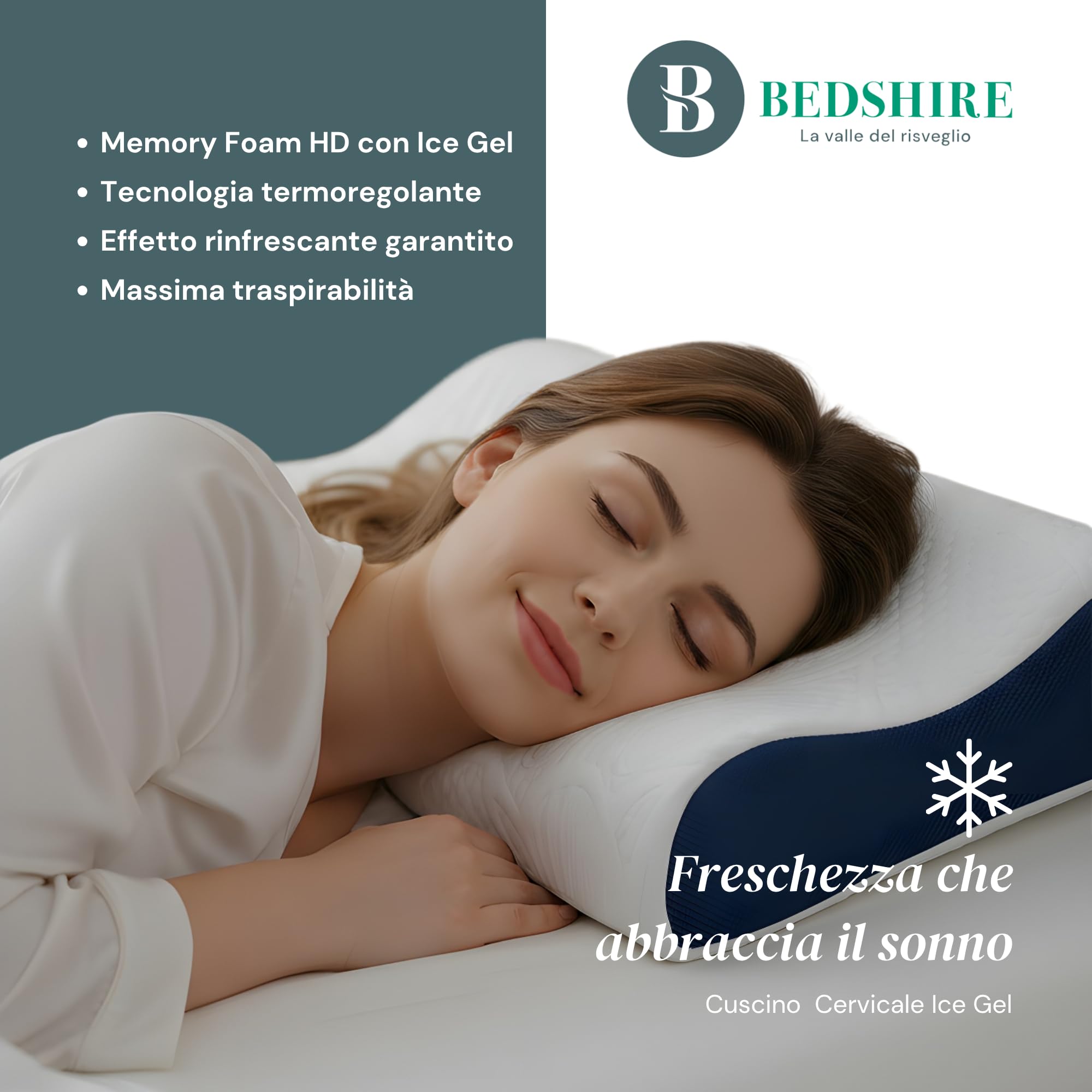 Bedshire Pillow - Par de almohadas cervicales, almohada ortopédica para cuello, de espuma viscoelástica HD, funda de algodón desenfundable con gel termorregulador y lados transpirables, 13 cm de