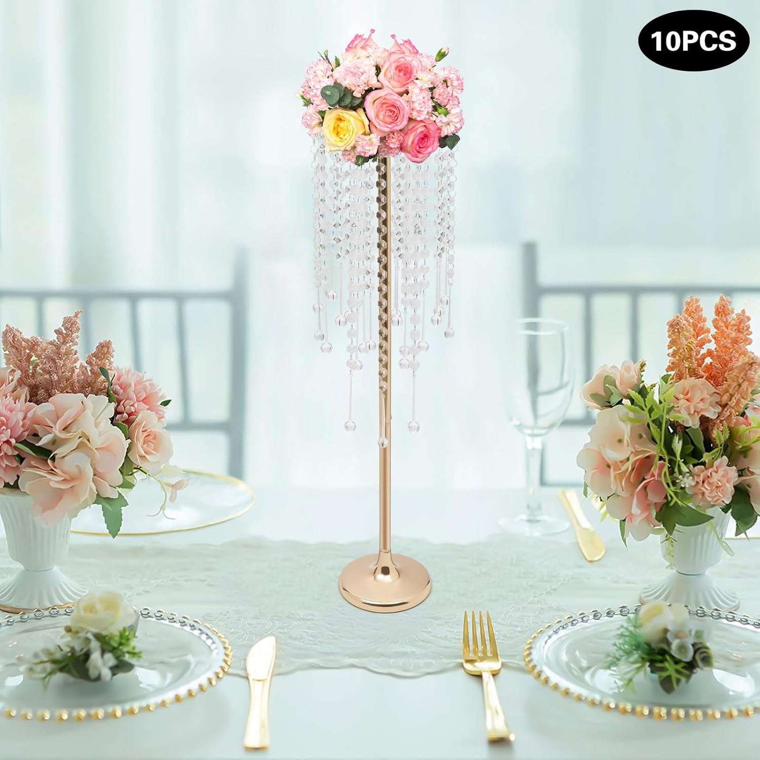 10PCS Crystal Flower Stand Wedding Centerpieces Gold Vases Metal Flower Candle Holder with Sparkling Crystal for Table Wedding Party Dinner Event Decor (Gold-3)