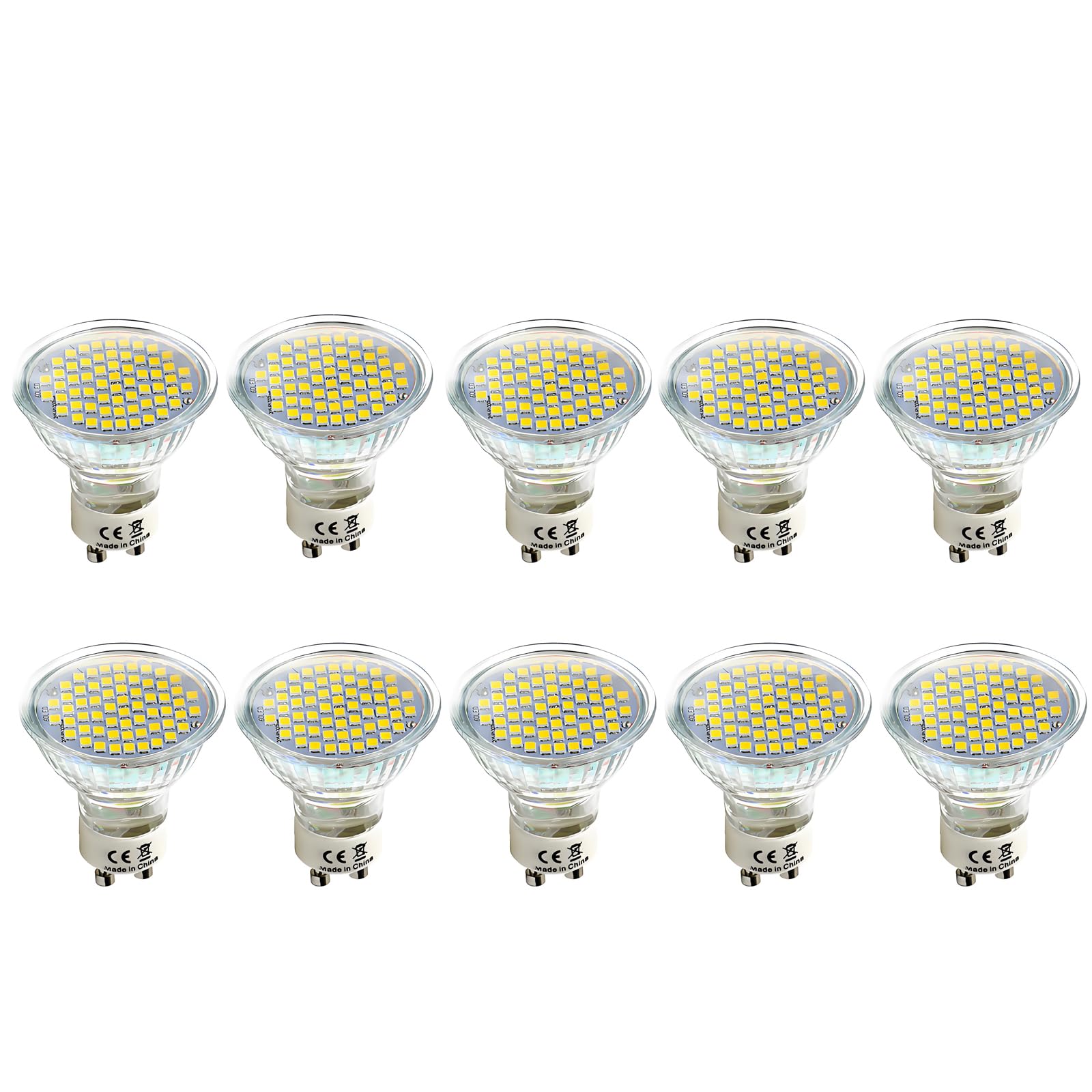 Pack de 10 Bombillas Led Foco GU10 Cristal, 5W Equivalente 50W Halógena, 60 Chips de LED, 500 Lúmenes, 6000K Blanco Frío, 120° Angulo de haz, AC 85-265V, No Regulable