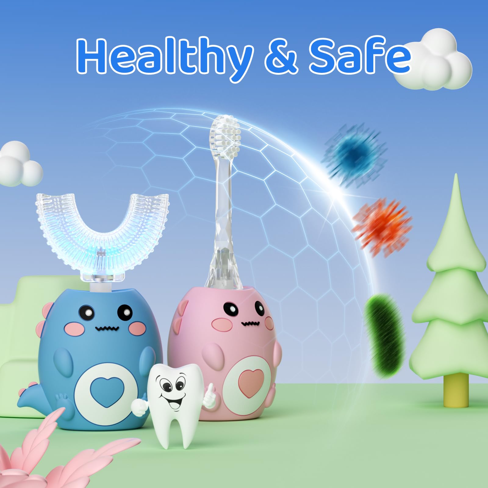 Cepillo de dientes eléctrico en forma de U para niños, con 3 modos de limpieza, con 4 cabezales de cepillo, cepillo de dientes automático sónico de 360°, IPX7 impermeable, diseño de dinosaurio de