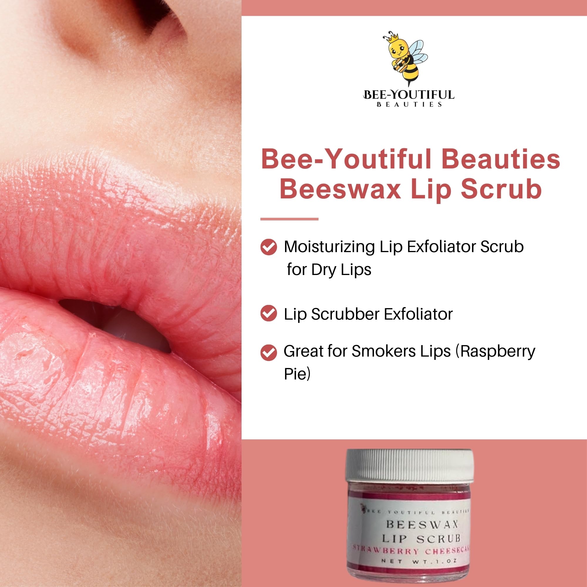 Bee-Youtiful Beauties Beeswax Lip Scrub | Moisturizing Lip Exfoliator Scrub for Dry Lips | Lip Scrubber Exfoliator | Great for Smokers Lips (Raspberry Pie)