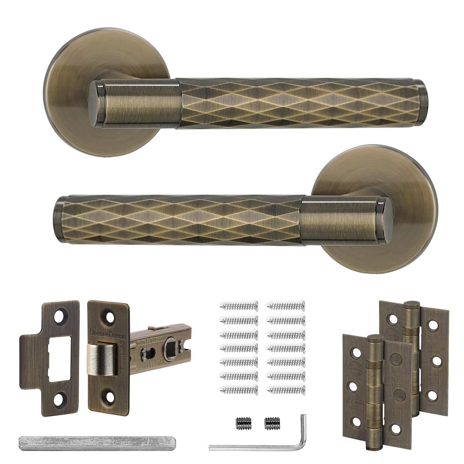 Decoranddecor Tore Lever On Rose Door Handles – Diamond Pattern Antique Brass Handle Set with 2.5-Inch Tubular Latch & Hinges for Internal Doors