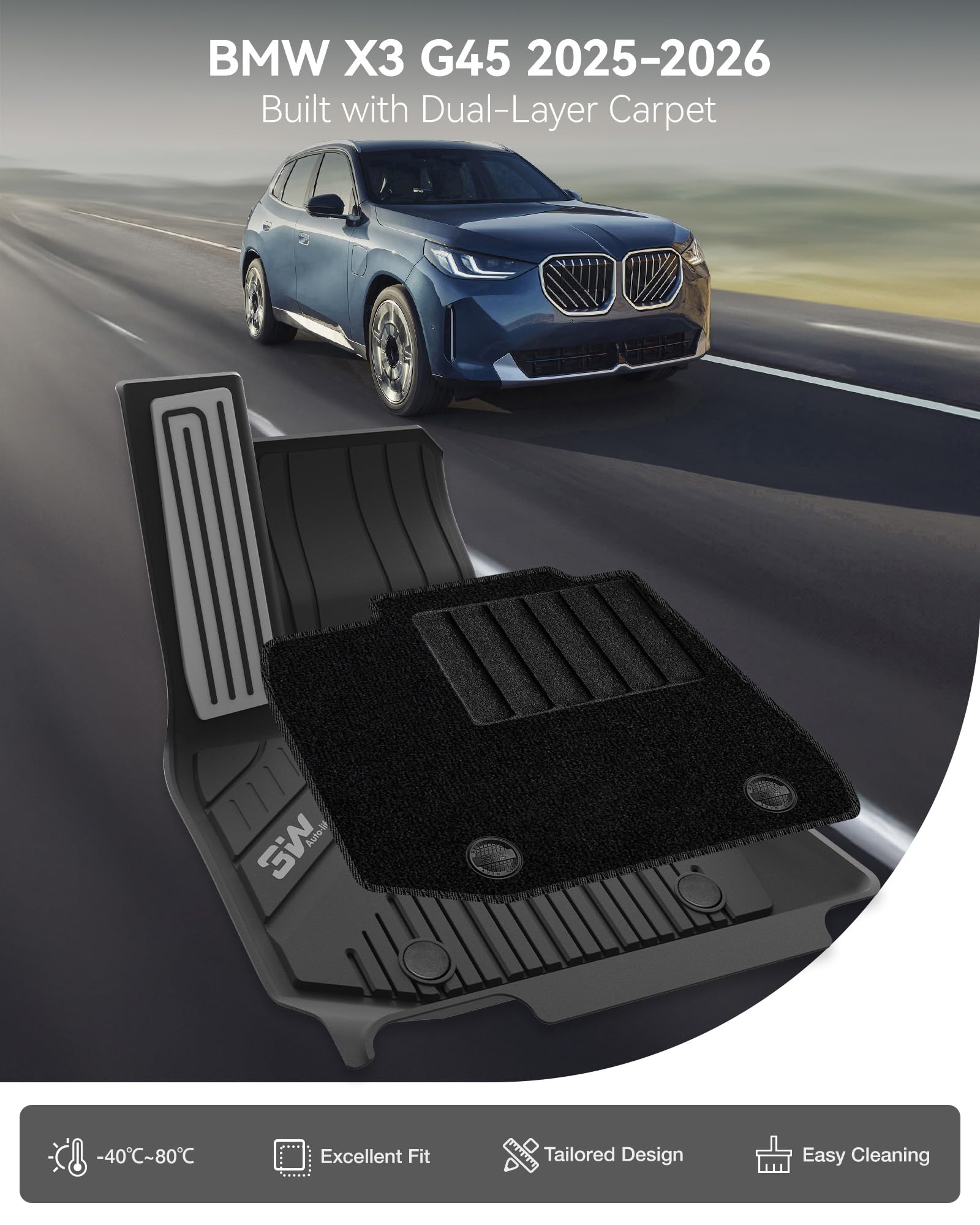 3W Do BMW X3 G45 2025-2026 Dywaniki podłogowe z metalowymi pedałami i matami i matami do bagażnika oraz innymi ochraniaczami na oparcie, na rok pogoda zrównoważony zestaw dywaników podłogowych Thorex