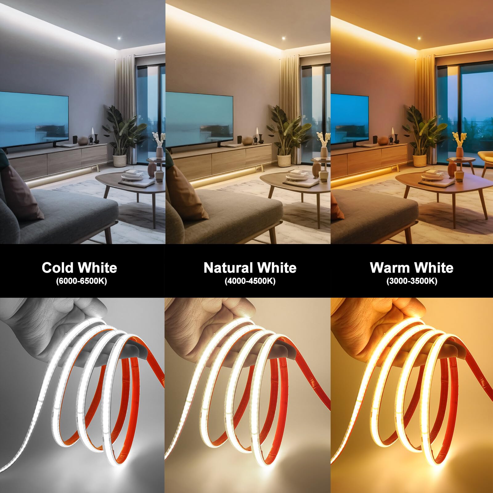Tira LED COB 220V [20M, Blanco Cálido 3000-3500K],IP65 impermeable flexible,240 LEDs/m Tira LED FCOB CRI85+,cortable cada 10cm,Decoración para el hogar - Sin fuente de alimentación