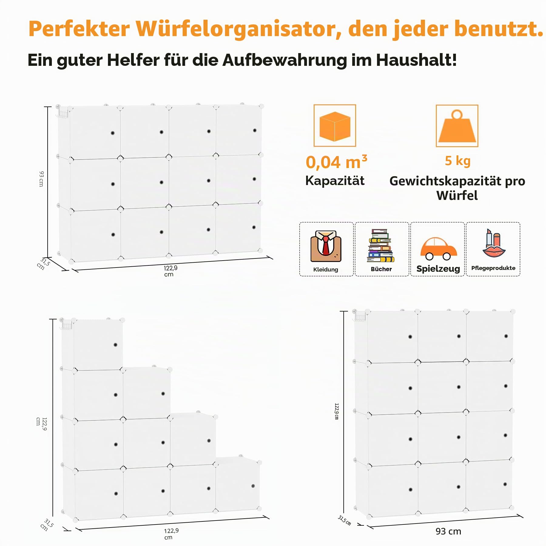 C&AHOME Würfelförmiger Aufbewahrungs-Organizer mit Türen, 12-Würfel-Regalbretter, Schrankschrank, DIY-Modul-Bücherregal aus Kunststoff, 36,6" L x 12,4" B x 48,4" H, milchig, USHS3012M-DOOR