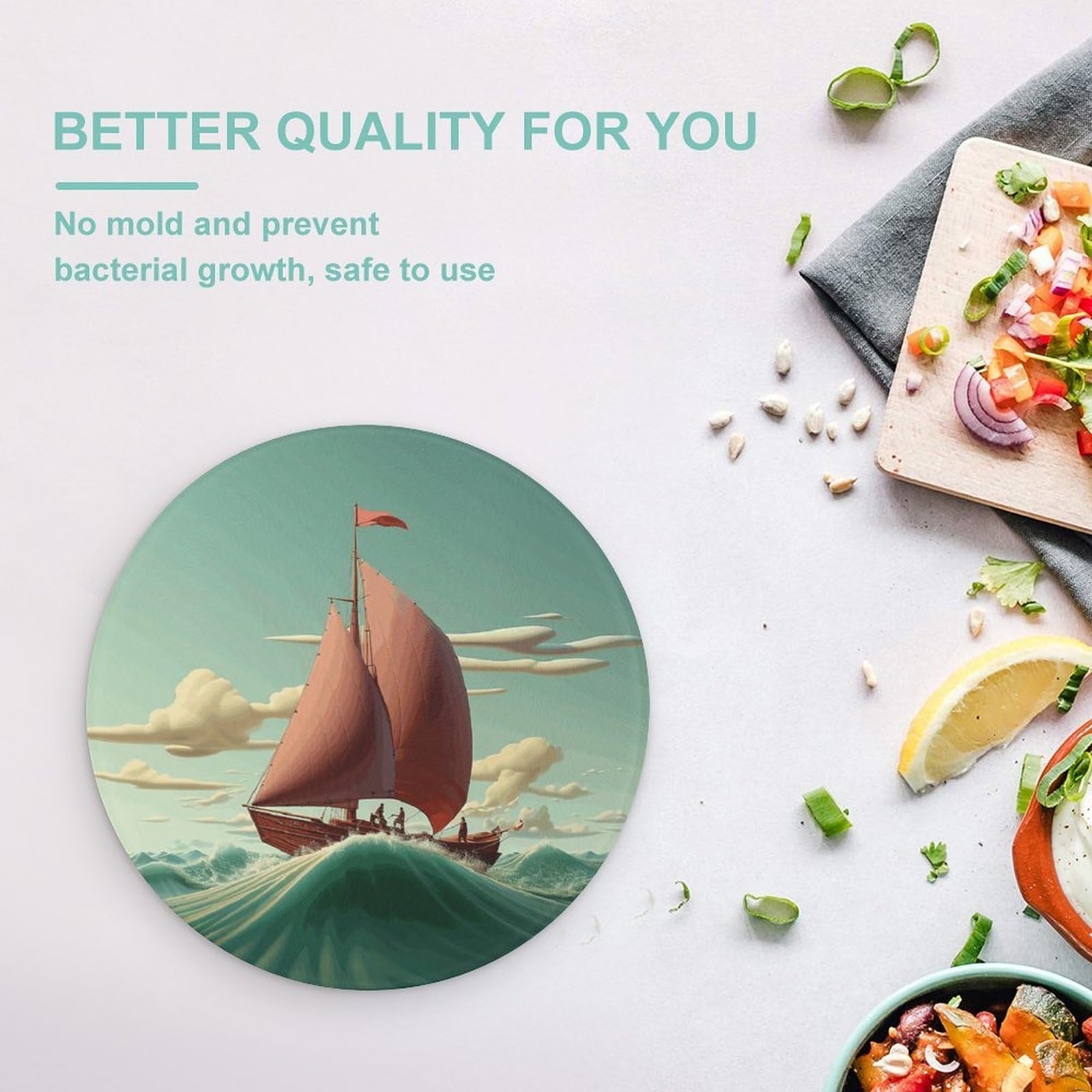 Tagliere rotondo con nave che vola in mare, facile da pulire, taglieri per cucina di grandi dimensioni 7,9, taglieri essenziali da cucina, comodo per carne e verdure