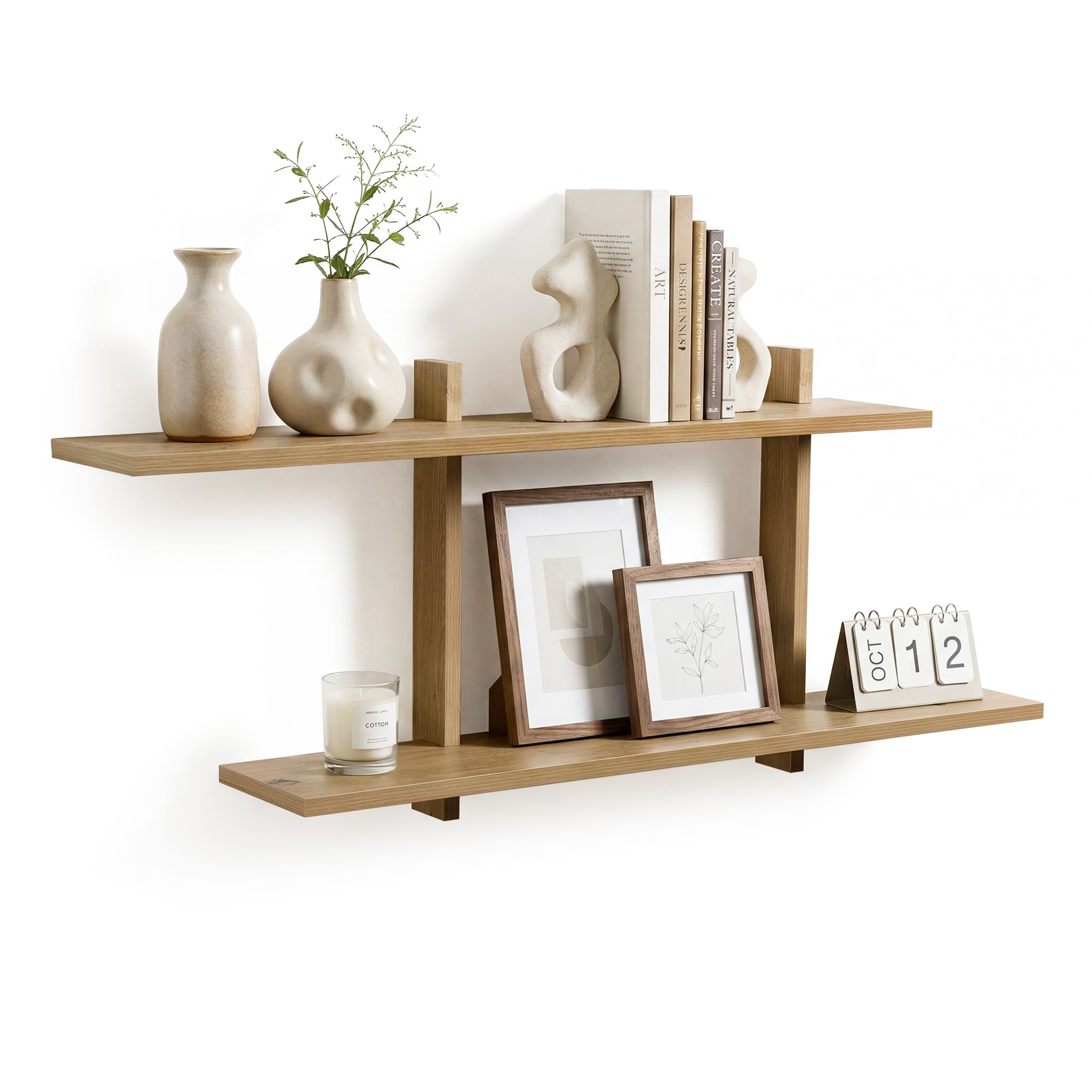 Afuly Étagère Murale Réglable 2 Niveaux Chêne Blanc pour Salon Déco, 80 cm | Étagères flottantes réglables, pour livres, plantes et cadres, salon, chambre, cuisine et salle de bain