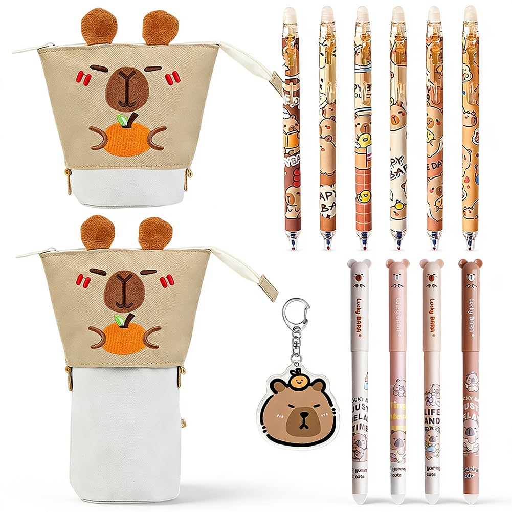CYGMRFH Cute Capybara Themed Stationery Set, Orange Fruit Capybara Retractable Pencil Case with 10 Blue Ink Erasable Pens and Matching Keychain, 2-in-1 Pen Holder Pouch for Kids Teens Students