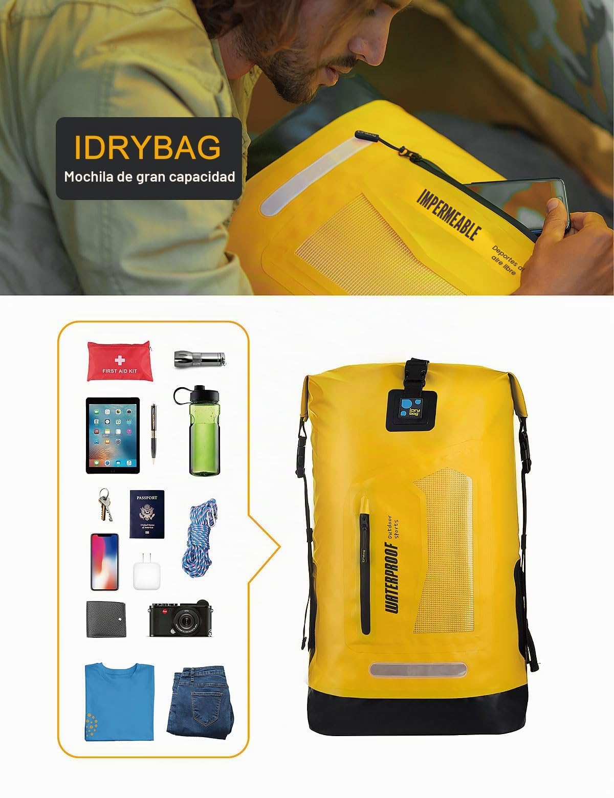IDRYBAG Mochila Impermeable Seca 20L/30L/40L, Mochila Flotante Impermeable para Hombres, Saco Seco Impermeable para Kayak