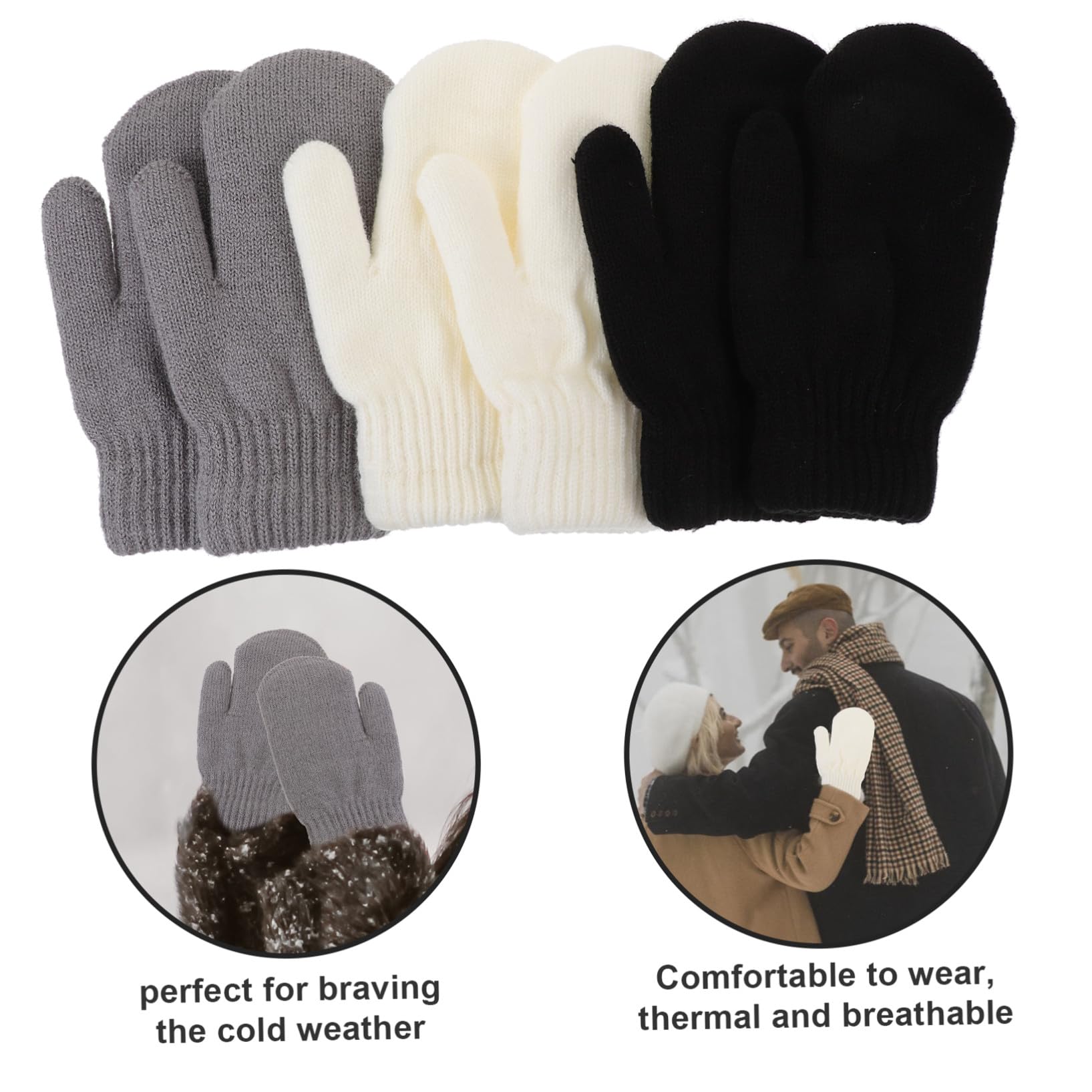 Mitones de Lana Acrílica, 3 Pares, Gruesos y Cálidos para Invierno | Acolchado Doble, Tejido Transpirable, para Trayectos y Esquí, Pensado para Niñas y Niños