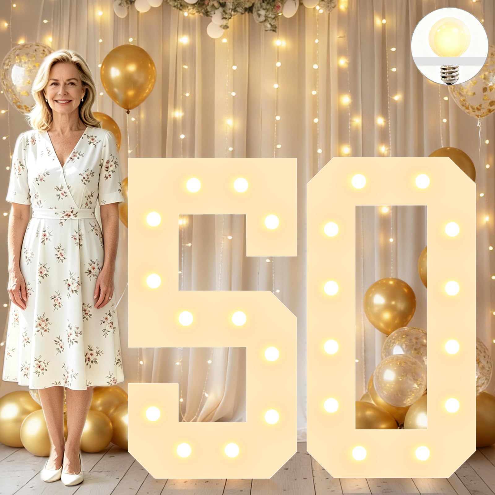 4FT Decorative Light Up Numbers for Birthday Decoration, White Marquee Number Sign for 50th Wedding Anniversary Backdrop Party Decor Big Mosaic Number Frame Foam Cardboard Pre-cut Number 50