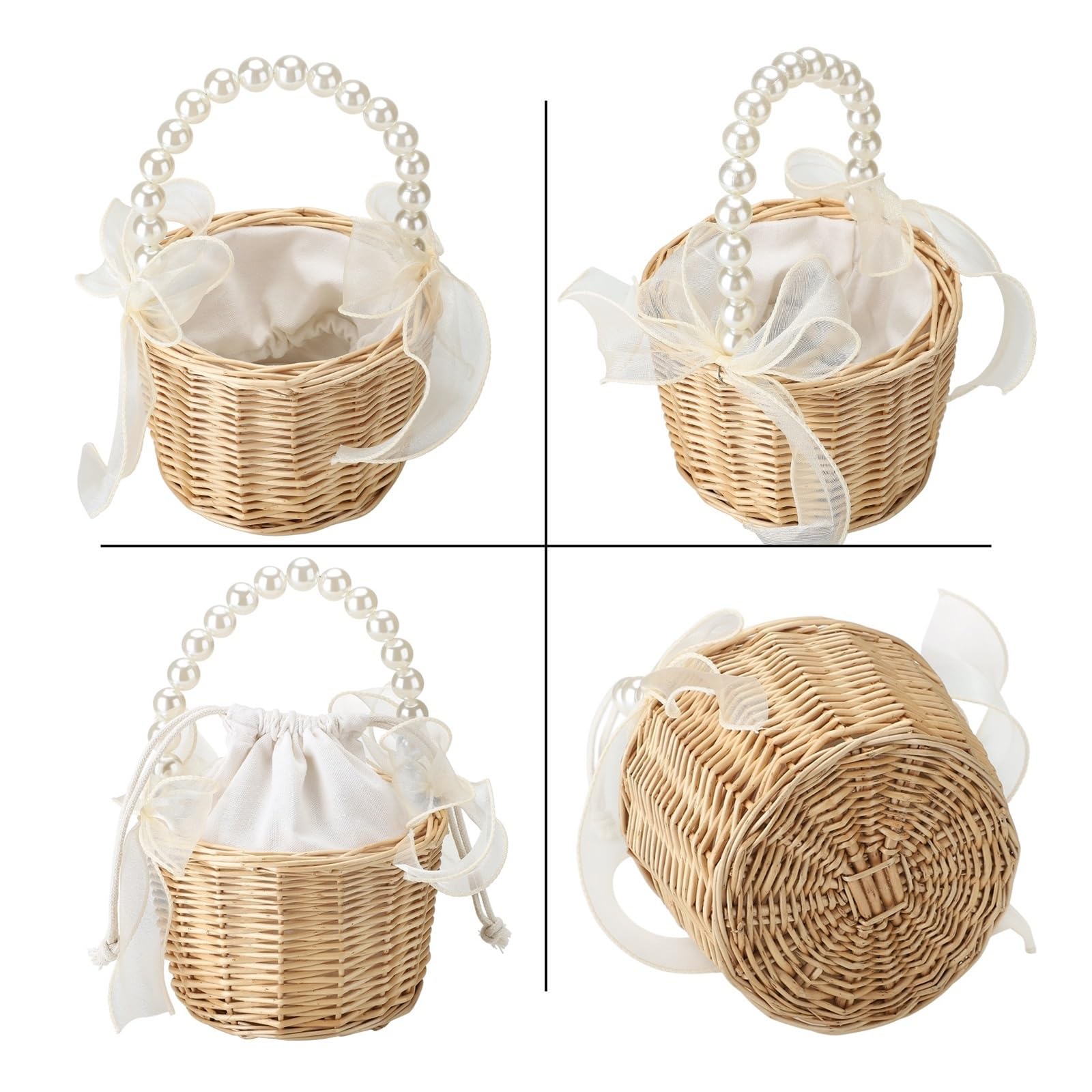 Konfetti-Korb für die Hochzeit, Blumen-Rattan-Korb for Hochzeit, Brautjungfer, braune Aufbewahrungsbox mit weißem Netz(L)