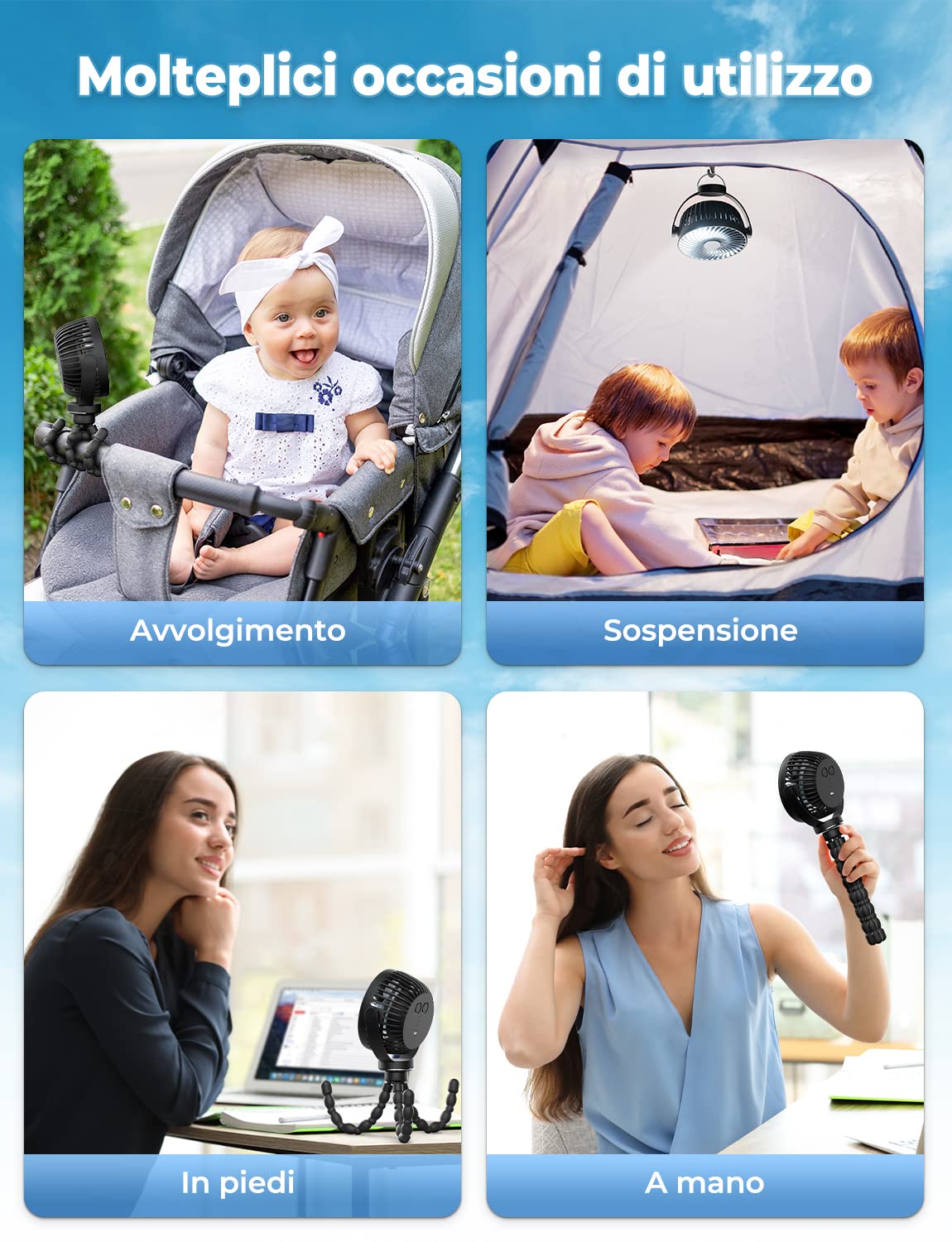 Ventilator per Passeggino, Ricaricabile 5200 mAh Ventilatore Portatile con Treppiede Flessibile, per Passeggino, Tapis Roulant, Culle, Tenda