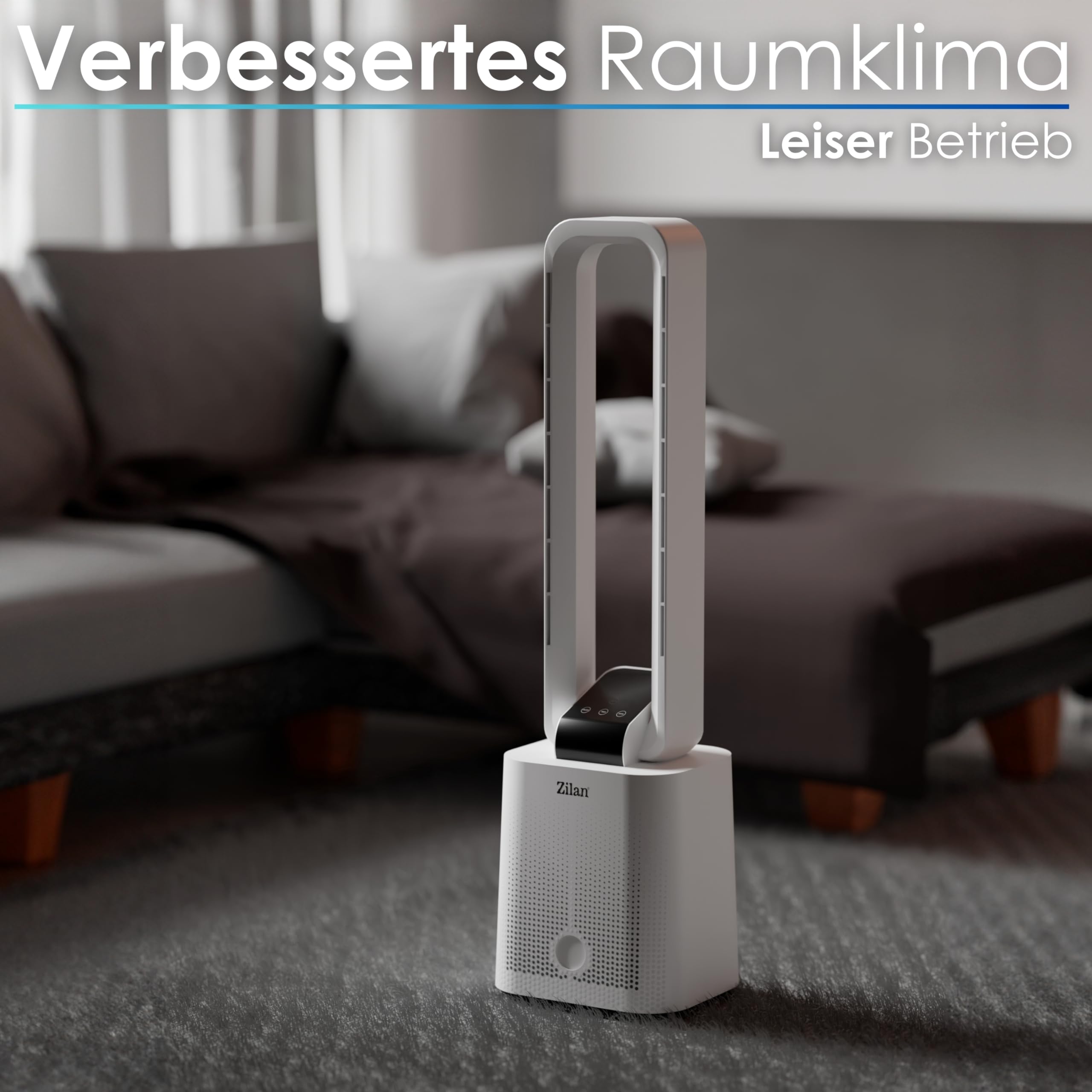 Zilan Turmventilator Blattlos Leise Standventilator mit Fernbedienung 12 Stufen 3 Modi BLDC Motor 45° Oszillation Timer 15h LED Display Säulenventilator Tower Fan Energiesparend Wanda White