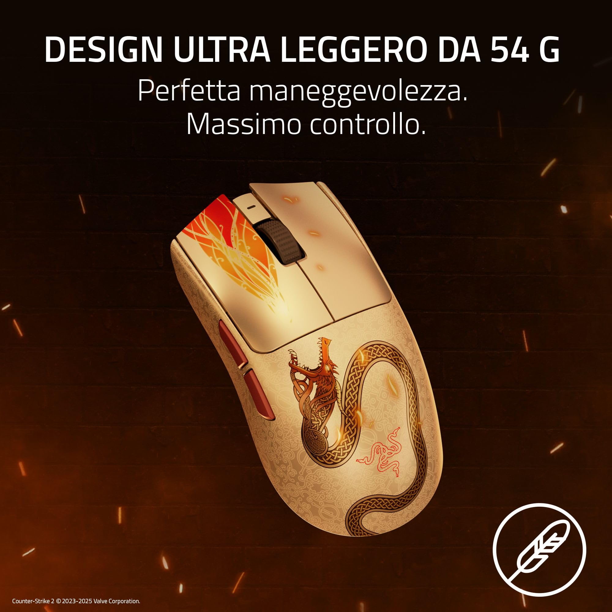 Razer Viper V3 Pro Counter-Strike 2 Dragon Lore - Mouse da gioco wireless ultraleggero per eSport - 55g - 8K HyperPolling - Sensore Pro 35K DPI - 2,4GHz HyperSpeed - 95 ore - PC/Mac | Dragon Lore