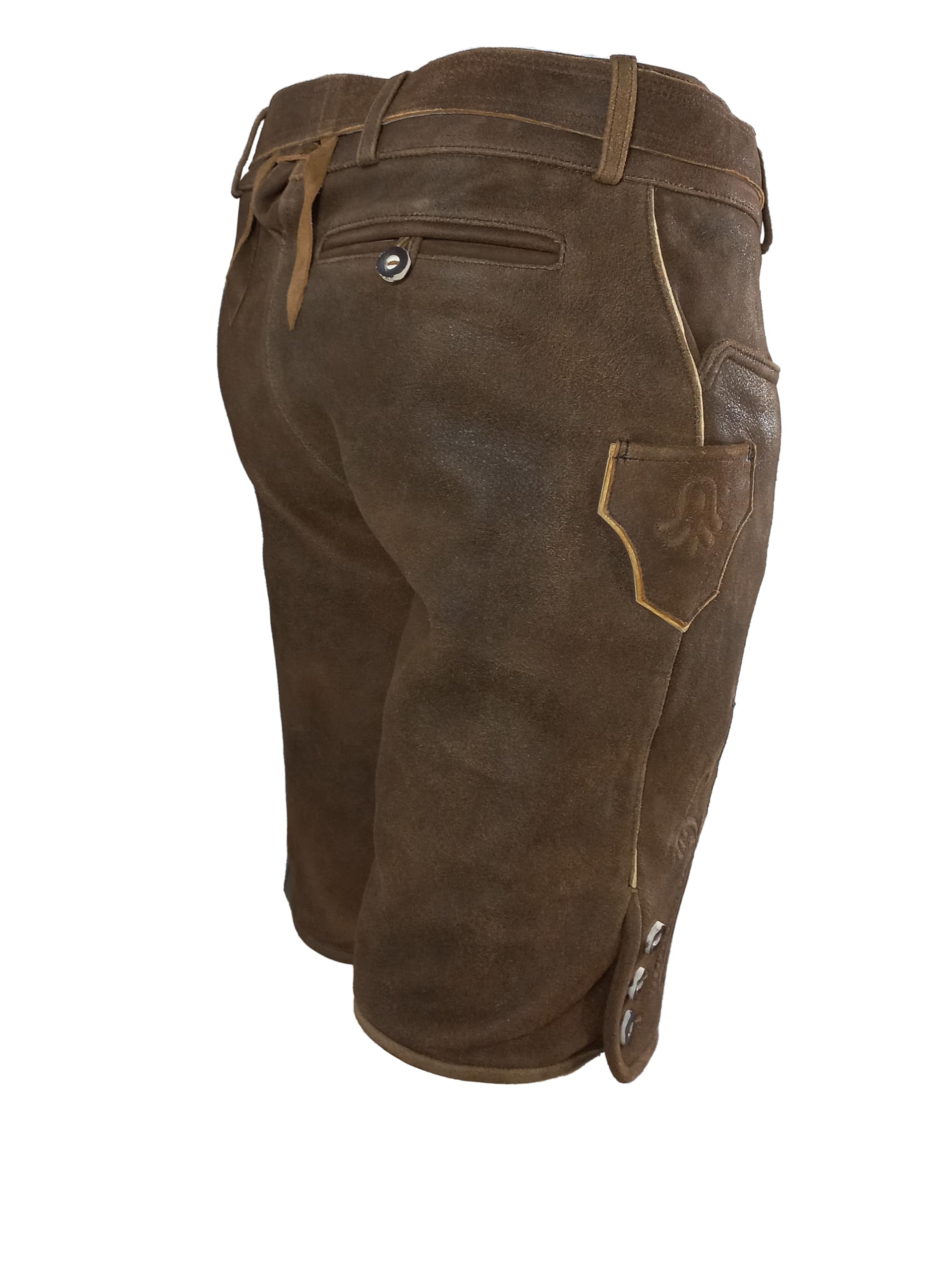 Kurze Herren Trachten Lederhose mit Gürtel, speckig Antik-Patina, Wildbockleder, Jäger