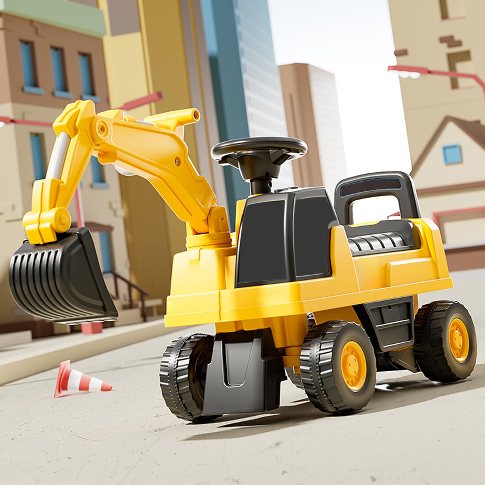 Tritina Excavadora Gigante para Cabalgar para Niño Amarillo, Estructura Anti-Basculación, Asiento con Almacenamiento, Brazo de Pelleadora Móvil, Neumáticos Antideslizantes, Adecuado de 1 a 4 años