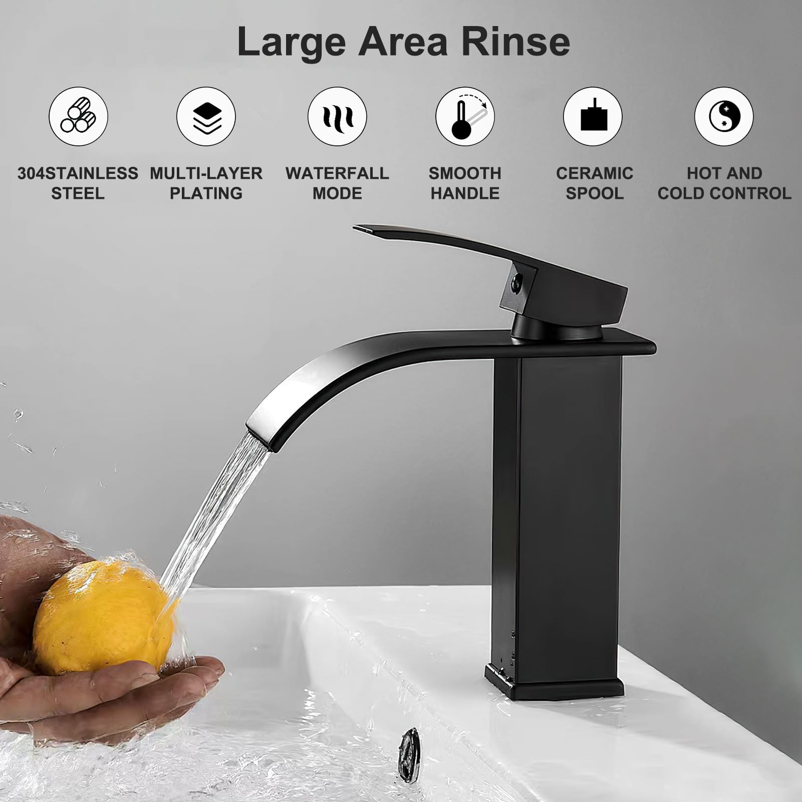 Grifo de cascada y lavabo, caño cascada, acero inoxidable, caliente y frío, vertical, altura 24,5 cm