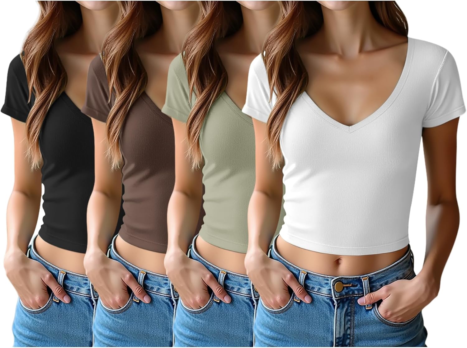 4 Pack Womens V Neck T-Shirts Short Sleeve Cotton Crop Tops Slim Fit Summer Basic Tee