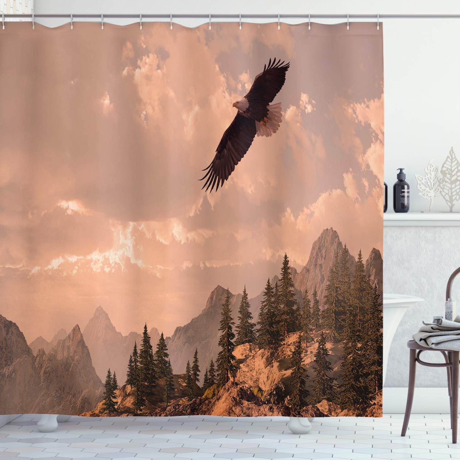 Ambesonne Eagle Shower Curtain, Nature Photography of Rocky Mountains and Forest a Bird Flying Over It, Cloth Fabric Bathroom Decor Set with Hooks, 69" W x 75" L, Rose Green