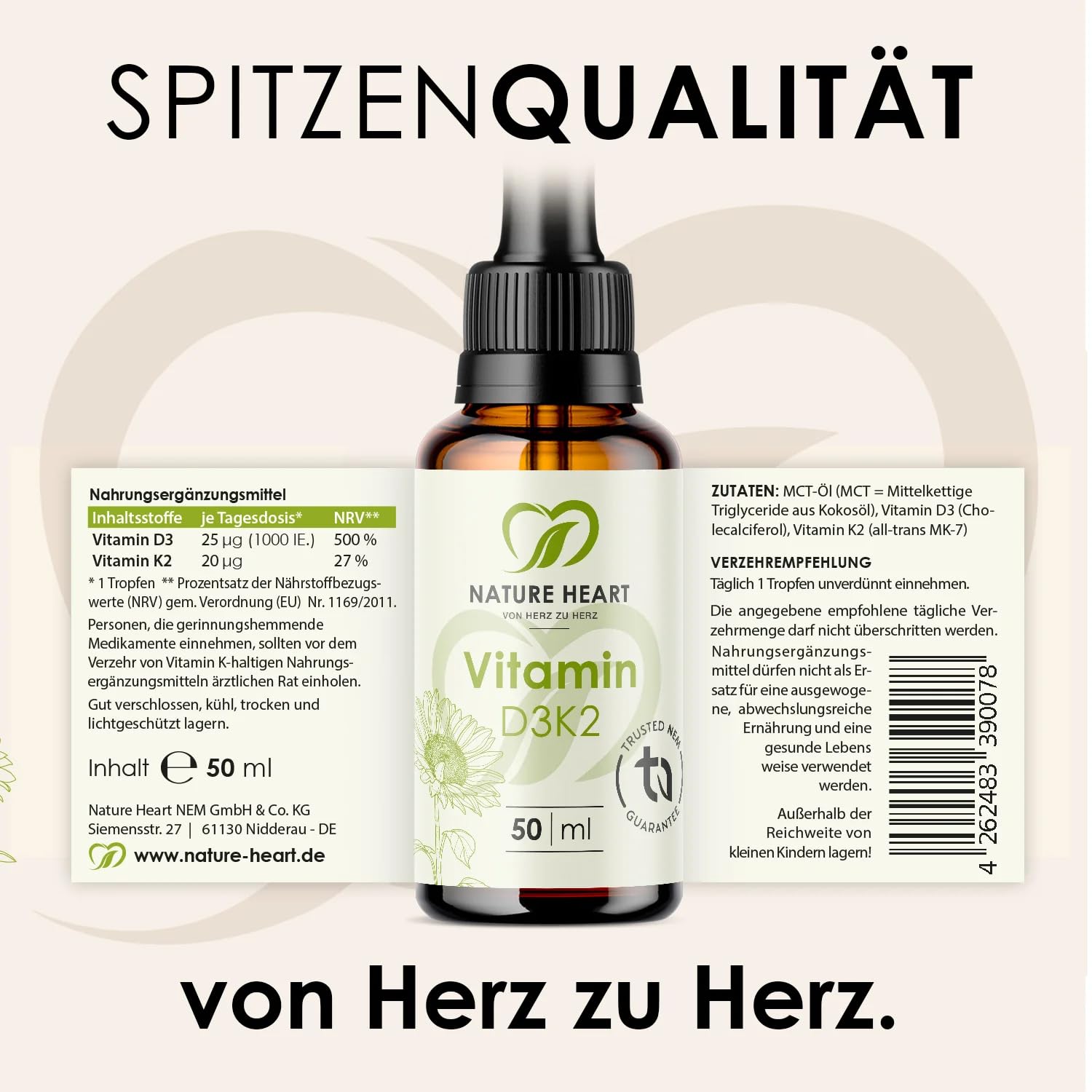 Nature Heart Vitamin D3 K2 Tropfen hochdosiert 50ml – 1.000 I.E. D3 pro Tropfen mit K2 MK7 in MCT-Öl aus Kokos – für Knochen, Zähne, Muskeln & Immunsystem – ohne unerwünschte Zusatzstoffe