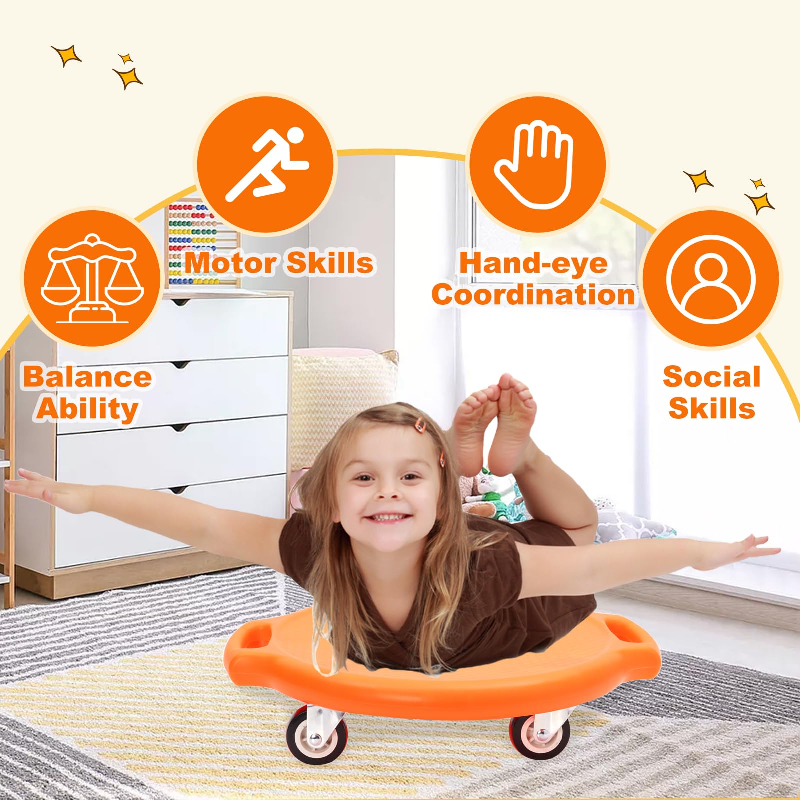Balance Board dziecięca z uchwytami i kółkami szeptającymi, deska na kółkach z tworzywa sztucznego, sprzęt sportowy dla dzieci, do użytku wewnątrz i na zewnątrz, trener równowagi małych dzieci, deska