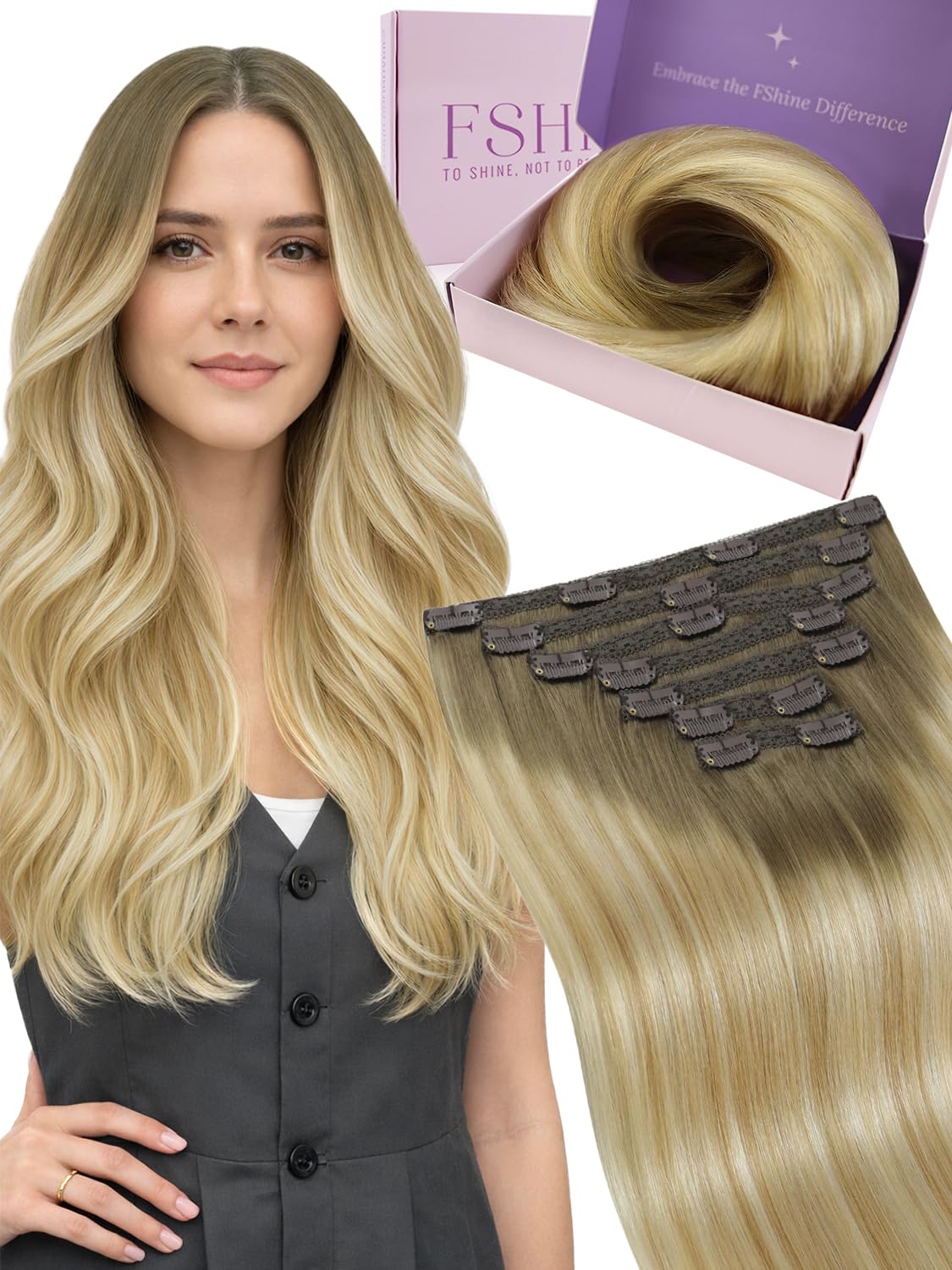 Fshine Clip Extensiones Humano 22 Pulgadas 55CM 120g Extensiones de Pelo Rubio Blanco Remy Hair Clip in Extensiones 7 Piezas Color 60 Extensiones de Cabello Natural Color 60 — view 43