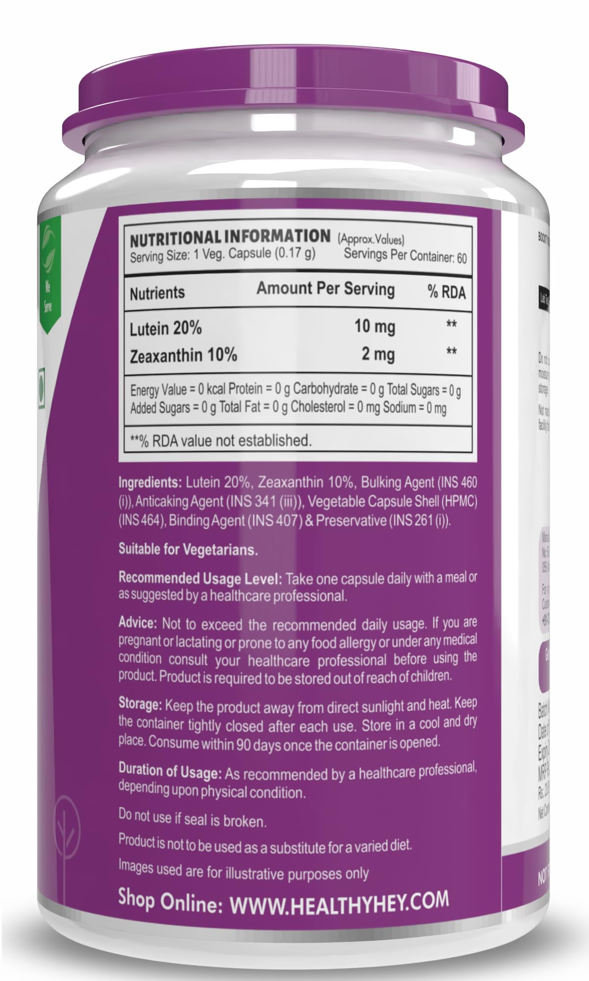 HealthyHey Lutein with Zeaxanthin - Support Eyes Health - 60 Veg. Capsules (Pack of 1)
