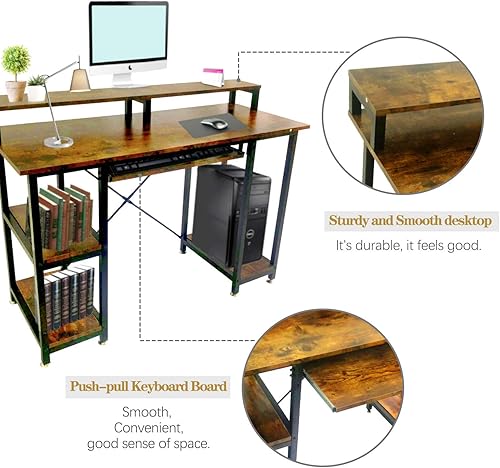 Miniatura 6 de LOVEZ Escritorio para computadora con estantes de almacenamiento bandeja para tecladosoporte para monitor con estantería mesa de estudio fácil de