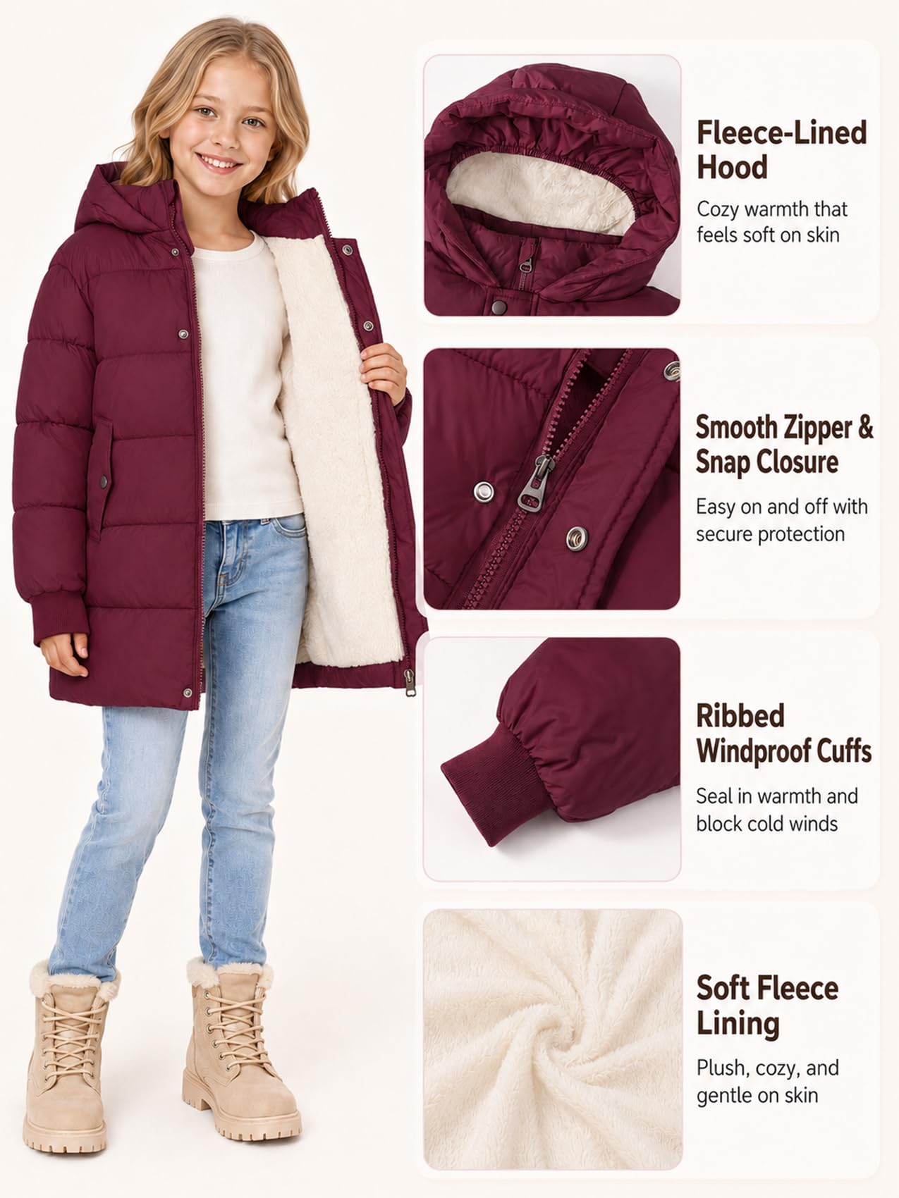 Happy Cherry Kinder Winterjacke mit Kapuze Jungen Mädchen Wintermantel Warm Fleece-Futter Kapuzenparka Winddicht Reißverschluss Outdoor Outwear Mäntel