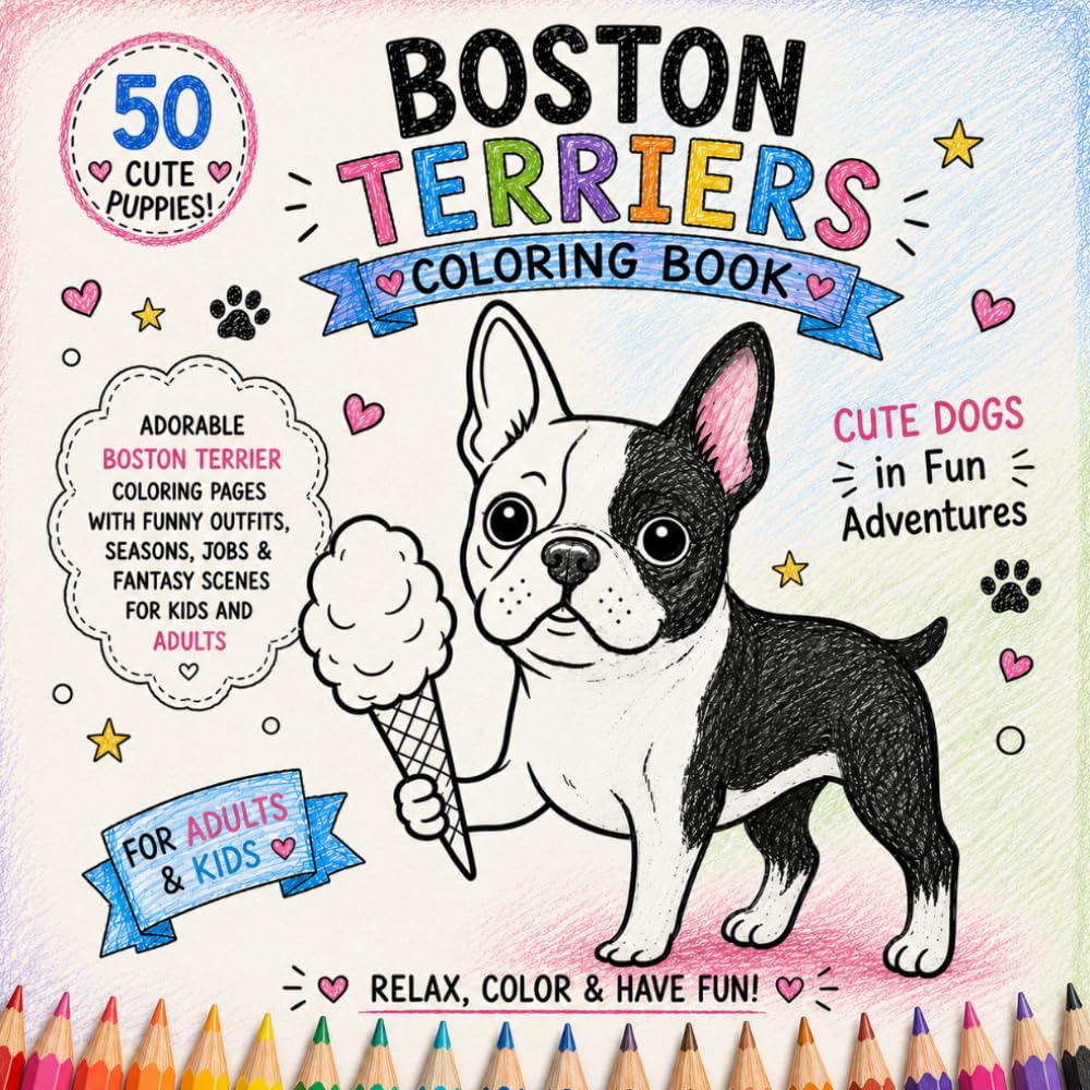 Boston Terriers Coloring Book: Cute Cartoon Puppy Adventures – Fun Dress-Up, Seasonal & Occupation Scenes for Kids and Adults (Cozy Dog Adventures Coloring Book Series)